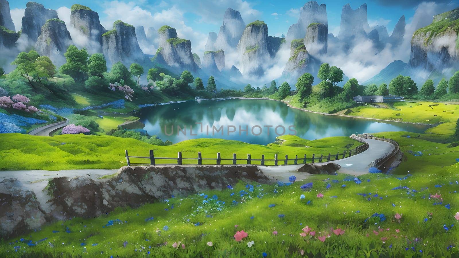 The Beautiful mountain landscape with blossoming rhododendron flower - ai generated