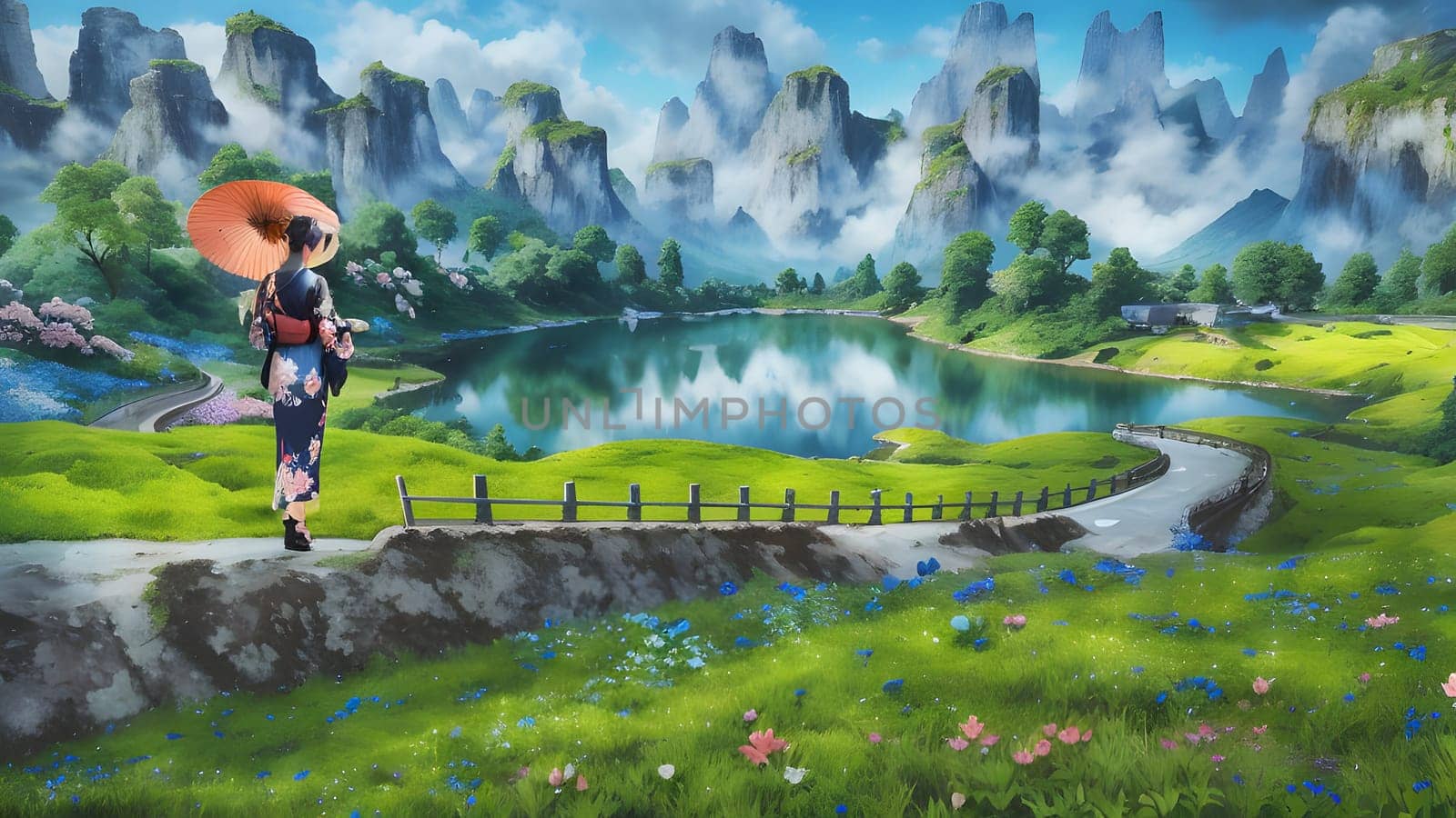 The Beautiful mountain landscape with blossoming rhododendron flower - ai generated
