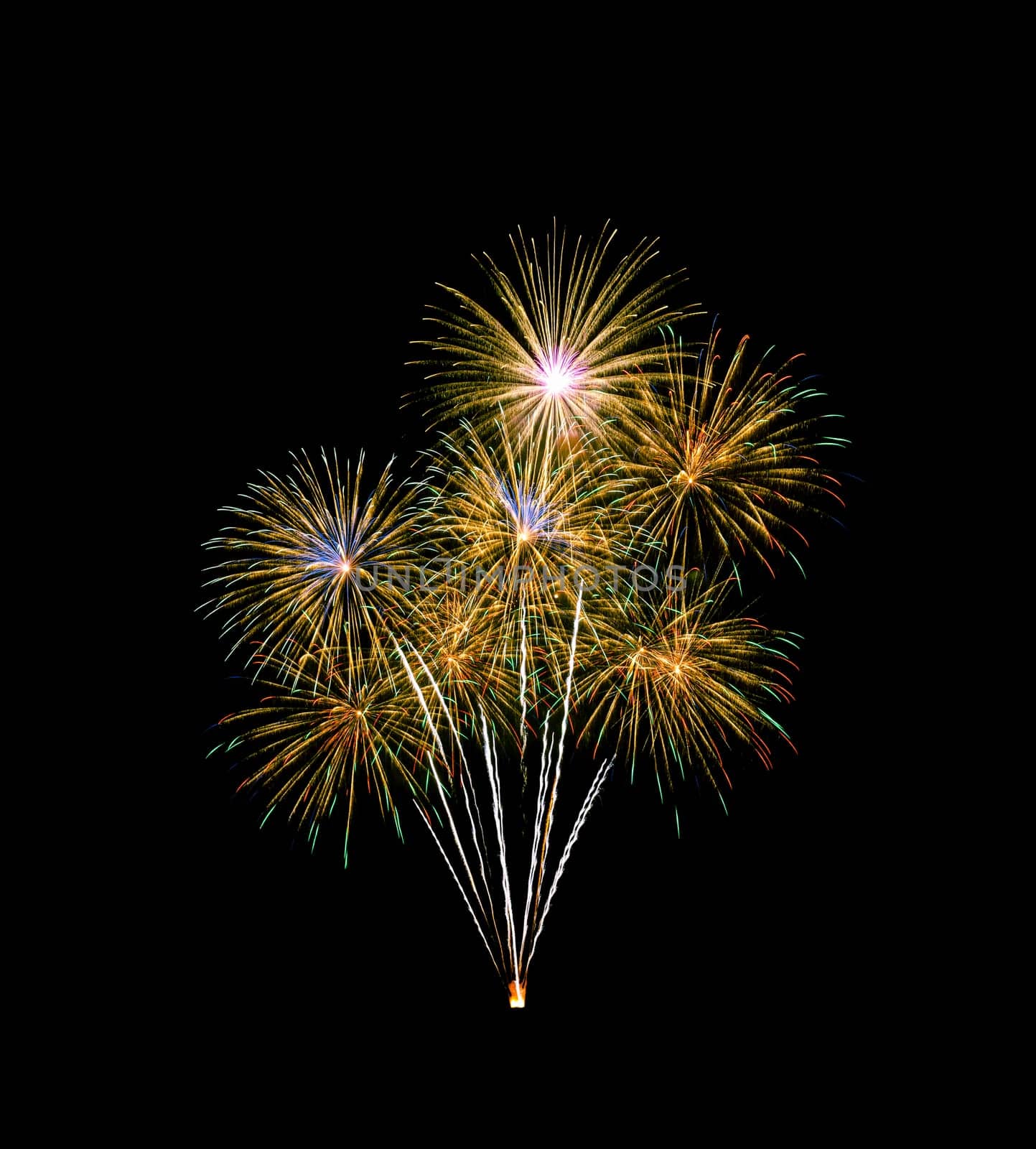 Beautiful colorful fireworks exploding in the night sky, isolated on black background. New year and anniversary concept.