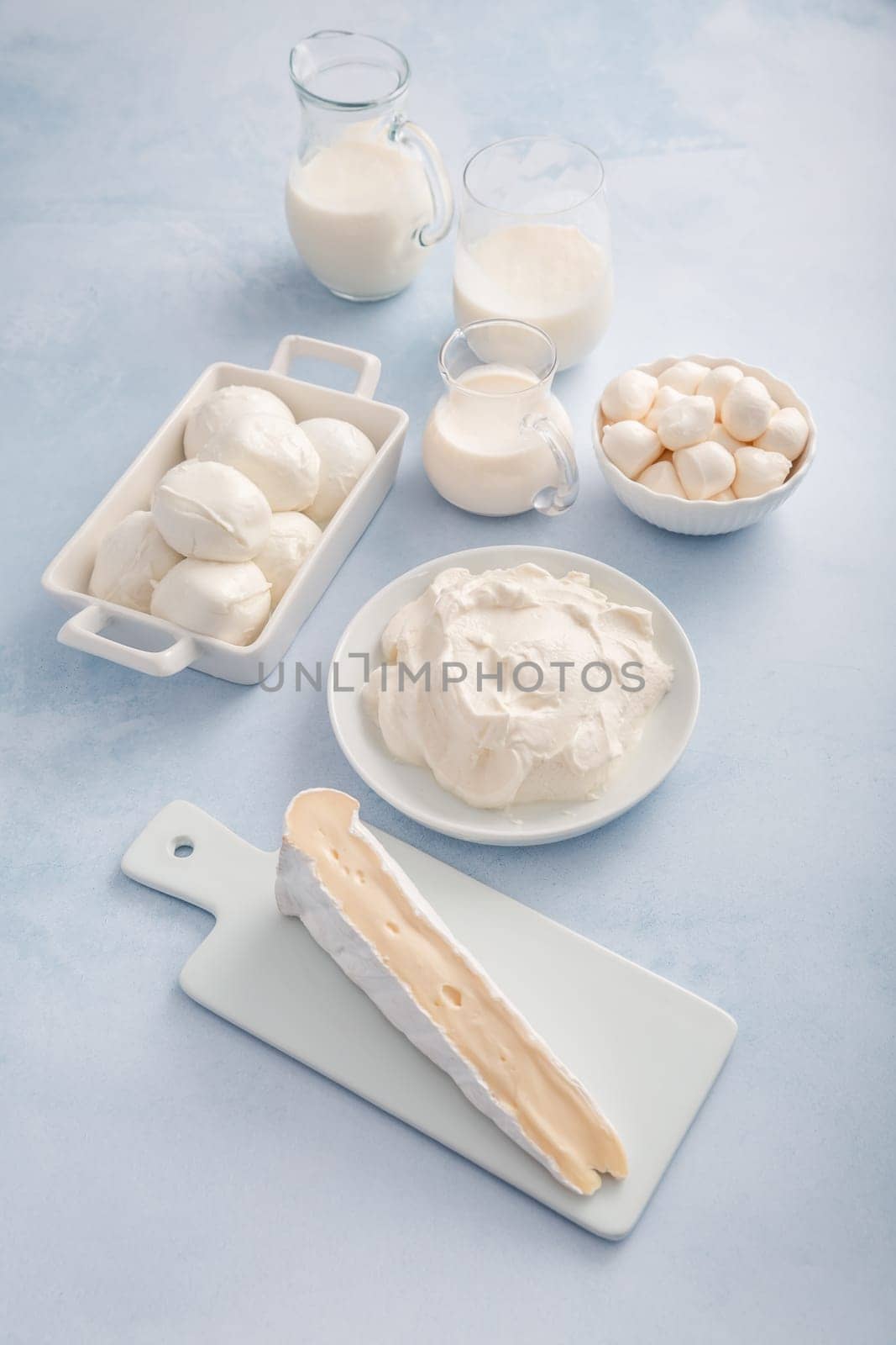 Assortment of milk products - buttermilk, kefir, yogurt with probiotics, ayran, cheese, mozzarella, quark and cream.