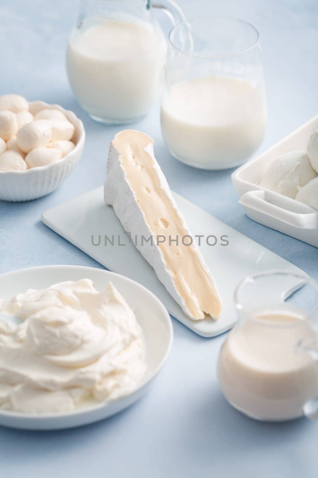 Assortment of milk products - buttermilk, kefir, yogurt with probiotics, ayran, cheese, mozzarella, quark and cream.