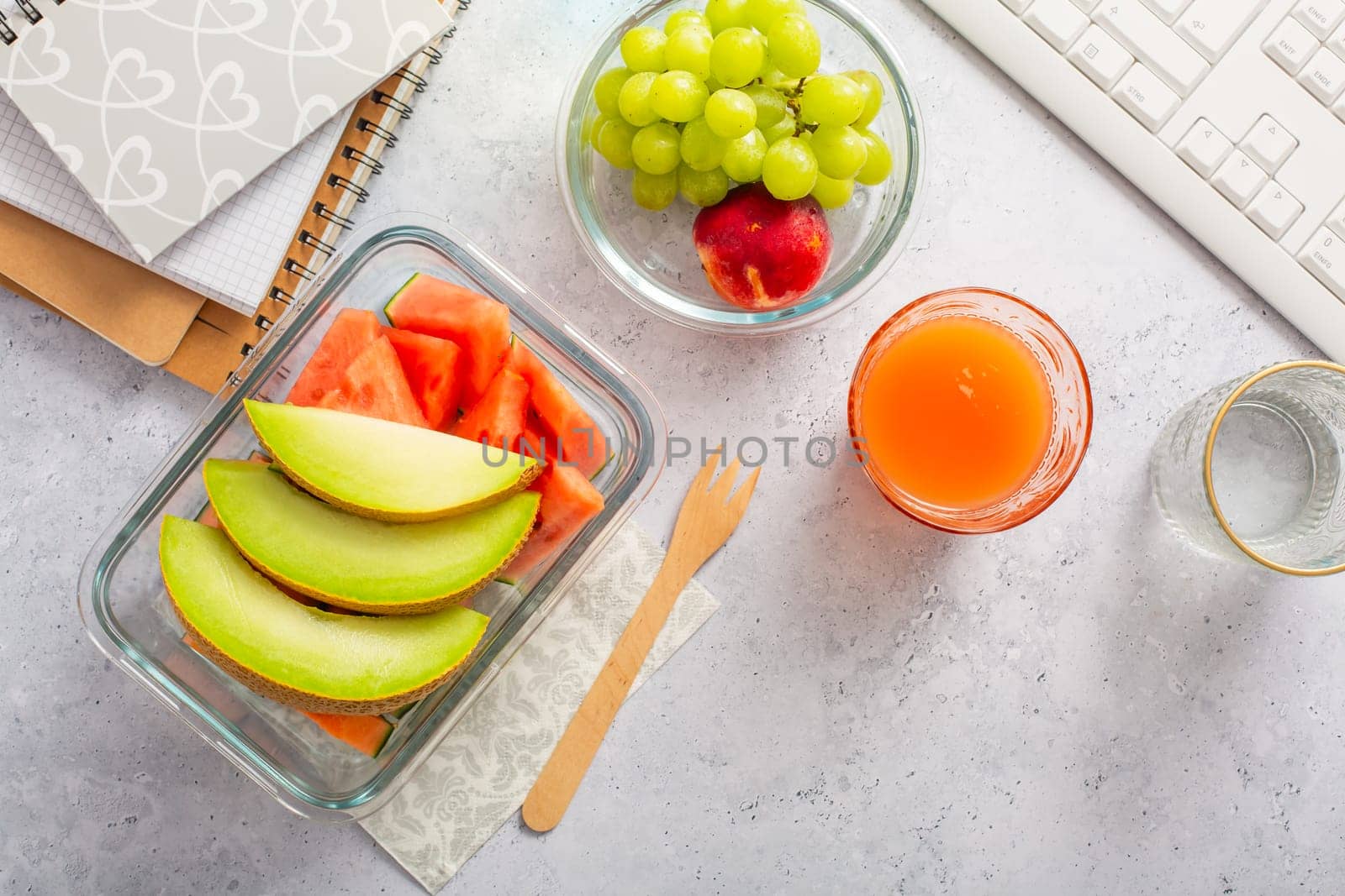 Healthy snack at office workplace, organic vegan meals from take away lunch box