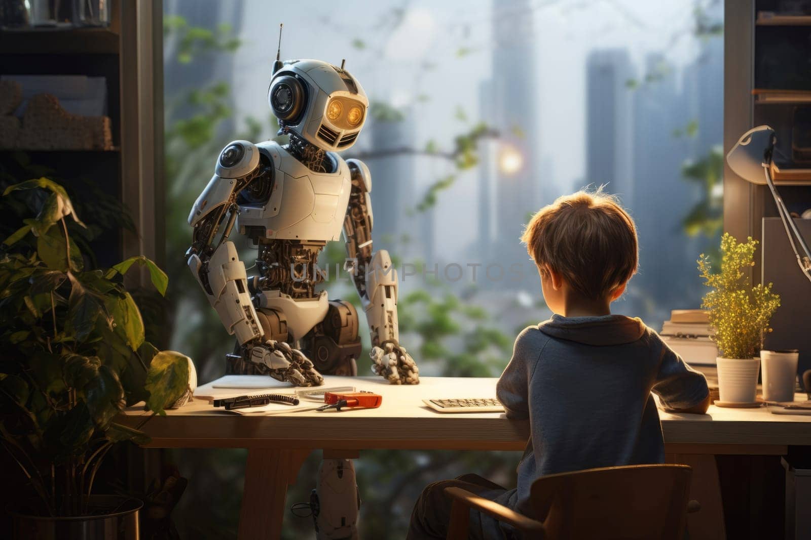 Little student doing homework. Robot assisting in leasrning. Child doing homework with help of advanced robotic assistant. Futuristic education concept