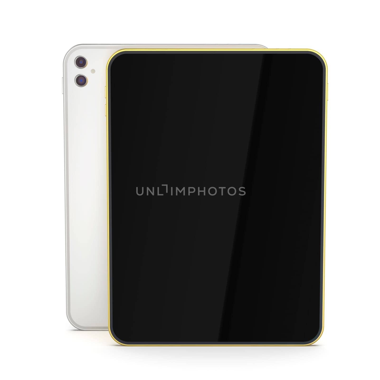 Gold and silver tablets on white background, front view