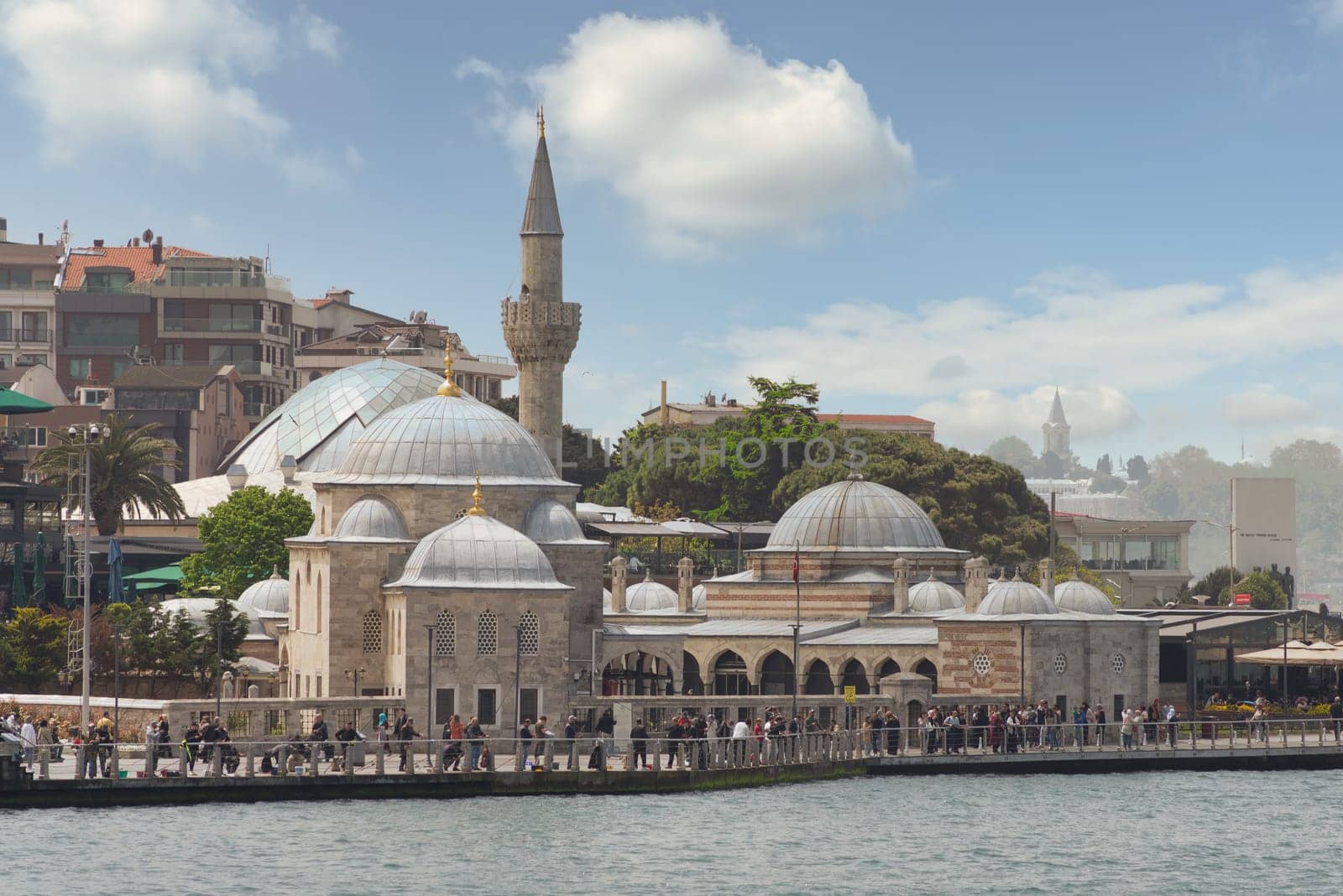 Istanbul, Turkey - May 8, 2023: Semsi Pasha Mosque, an Ottoman mosque located in the district of Uskudar, on the Asian sise of Bosphorus Strait, designed by Ottoman imperial architect Mimar Sinan