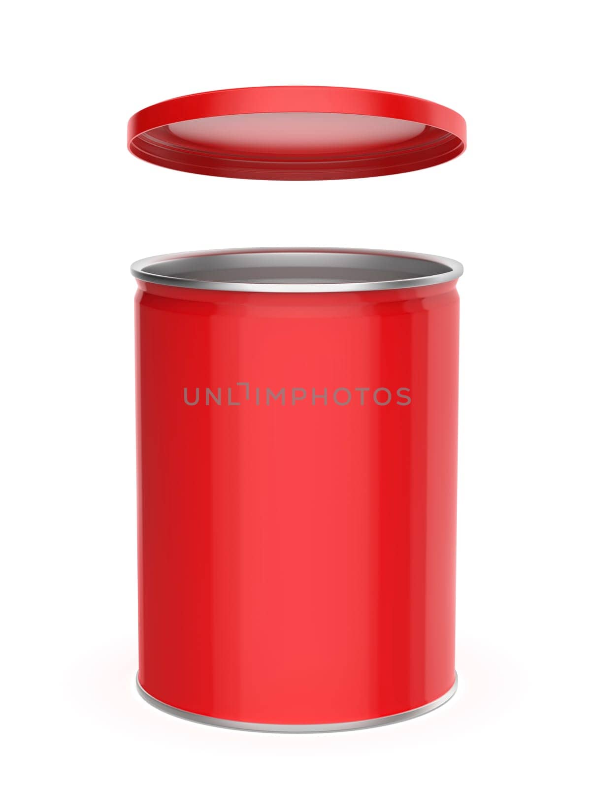Shiny red metal can with plastic lid on white background