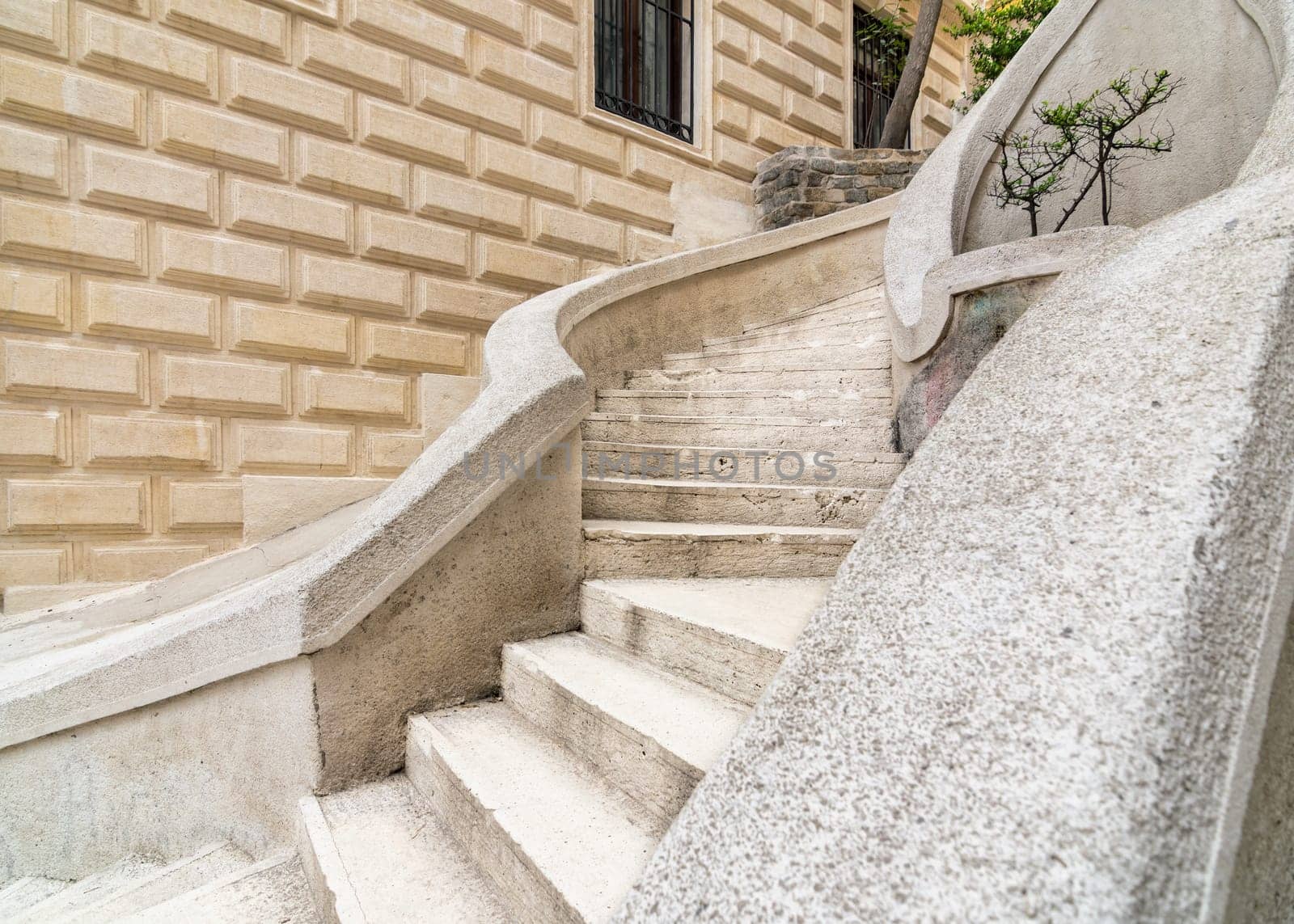 Kamondo Stairs, a famous pedestrian stairway leading to Galata Tower, built around 1870, located on Banks Street in Galata, Karakoy district of Istanbul, Turkey