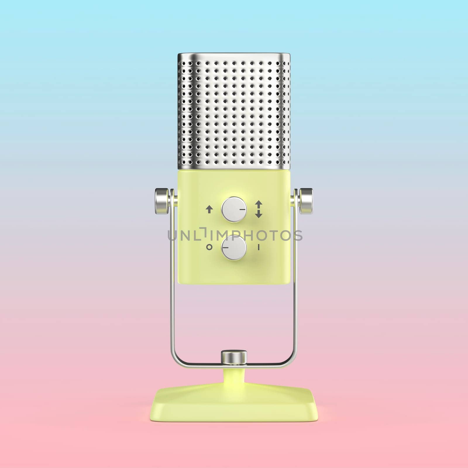 Modern studio microphone on color background