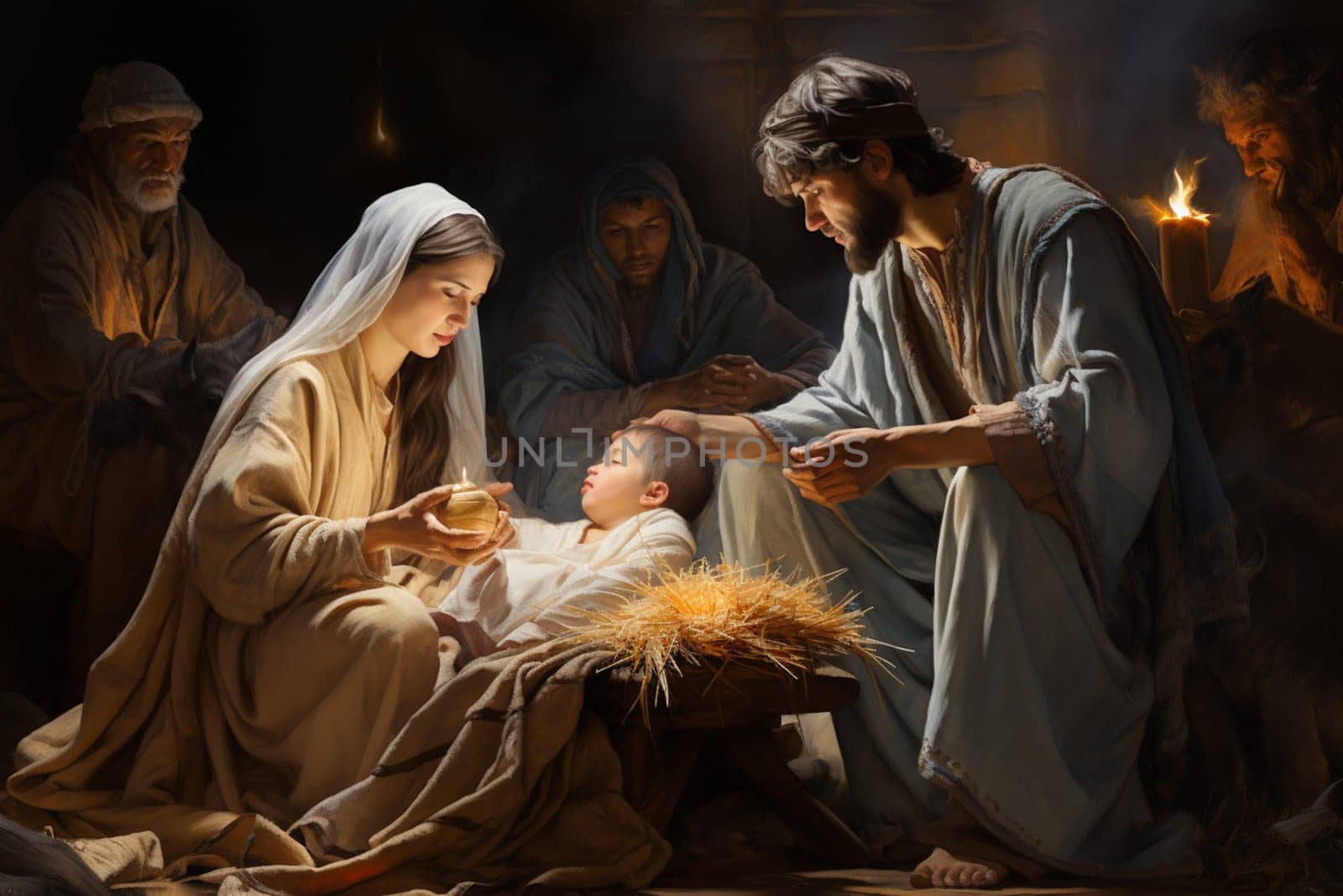 Birth of Jesus Christ in Bethlehem, Mary and Joseph sitting next to the manger , religion and faith of christianity, bibical story of Christmas, generative AI
