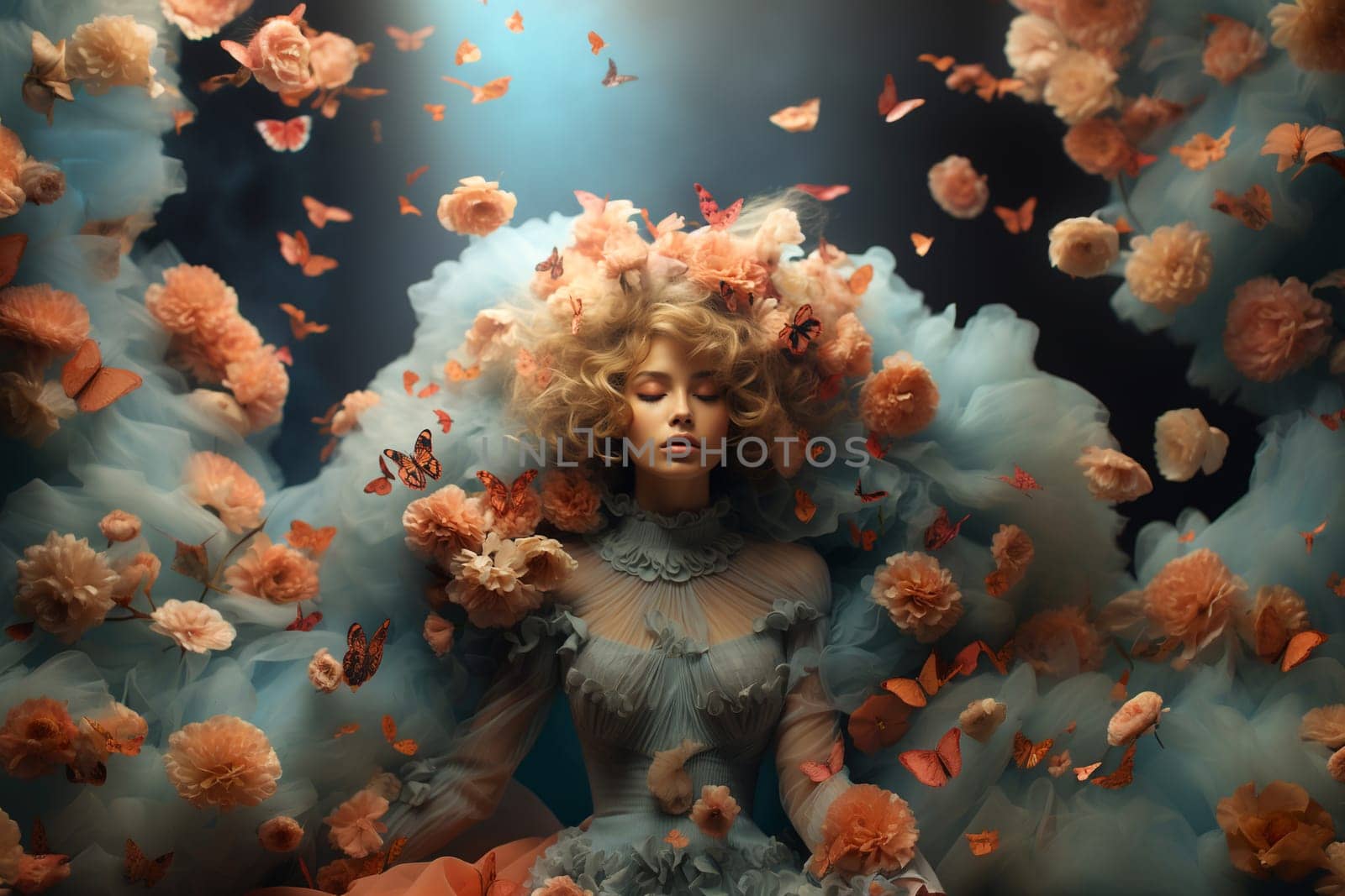 Woman covered with flowers and clouds, positive thinking, creative mind, self care and mental health concept, dreamlike and pure, generative AI
