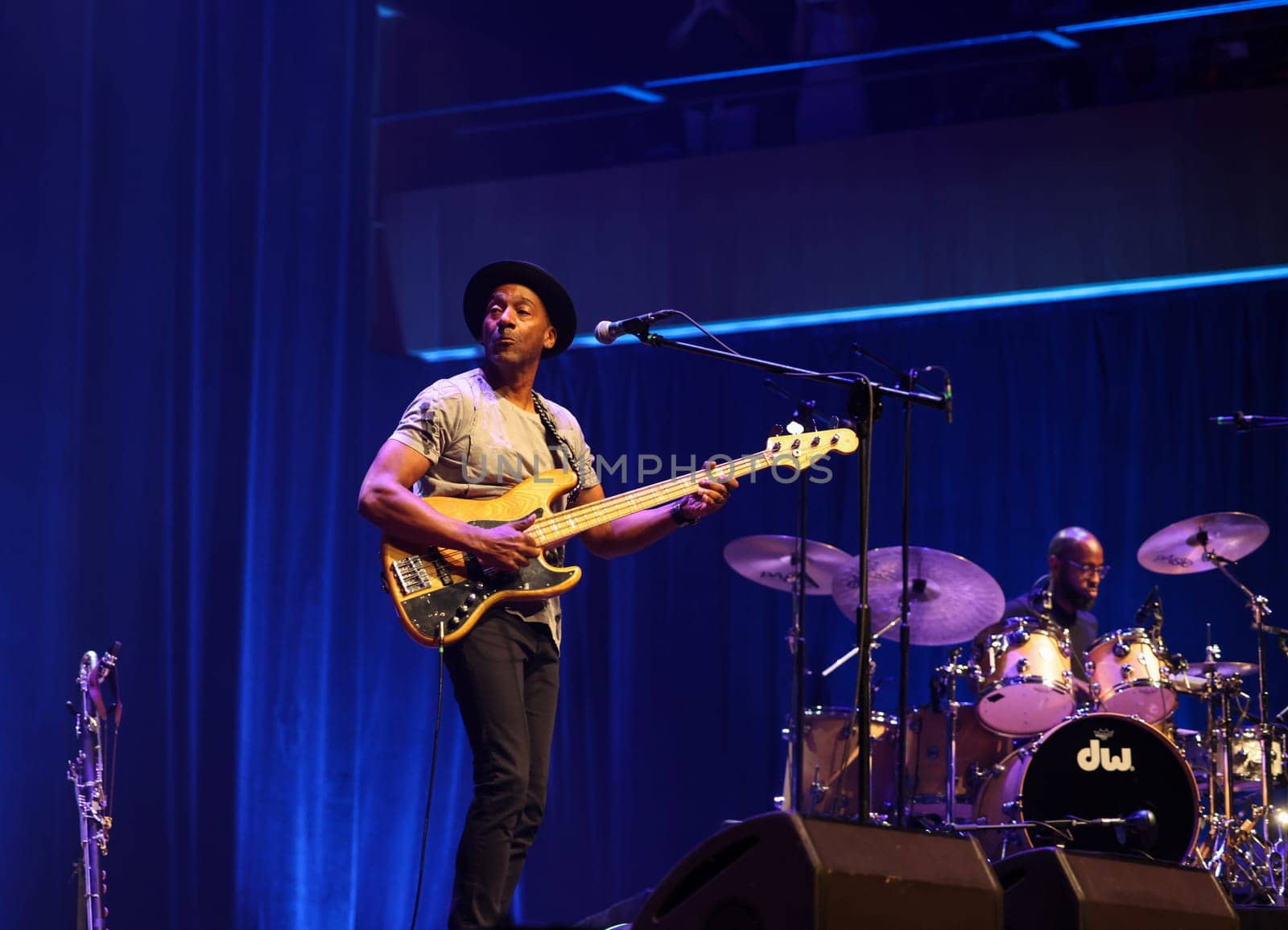 Cracow, Poland - July 17, 2023: Marcus Miller European Tour 2023 on stage in Congress Centre ICE Cracow at the 28th Summer Jazz Festival in Krakow.