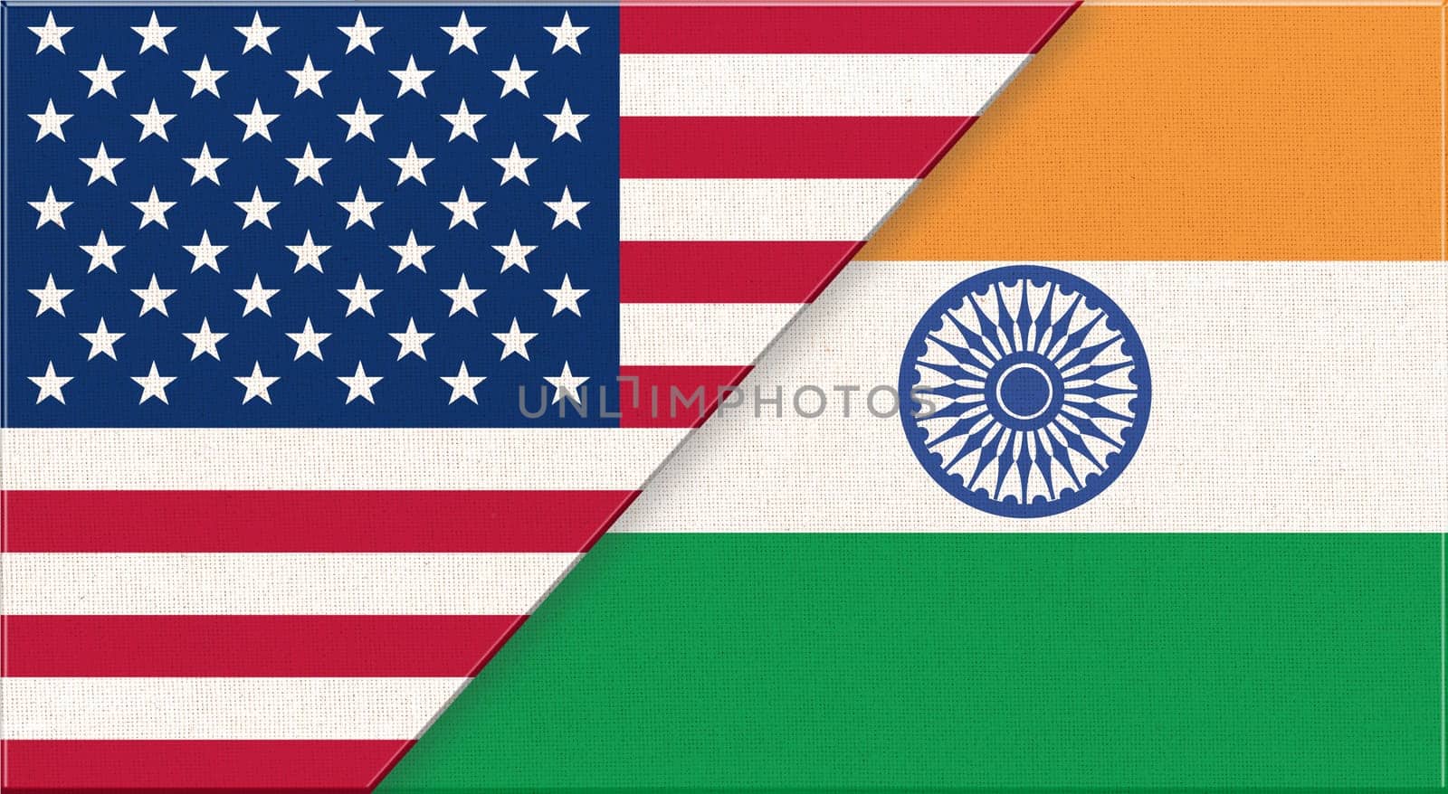 Flags of USA and India. American and Indian national flags on fabric surface. Flag of USA and India - 3D illustration. diplomatic relations between two countries. American and Indian relations