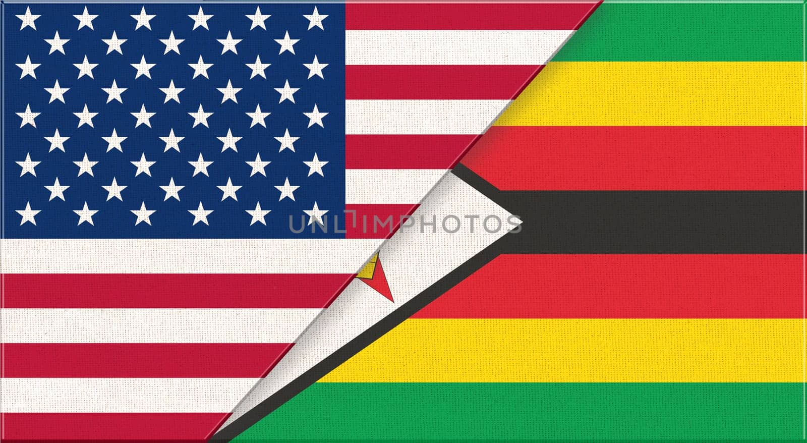 Flags of USA and Zimbabwe. American and Zambian national flags on fabric surface. Flag of USA and Zimbabwe - 3D illustration. diplomatic relations between two countries. American and African countries