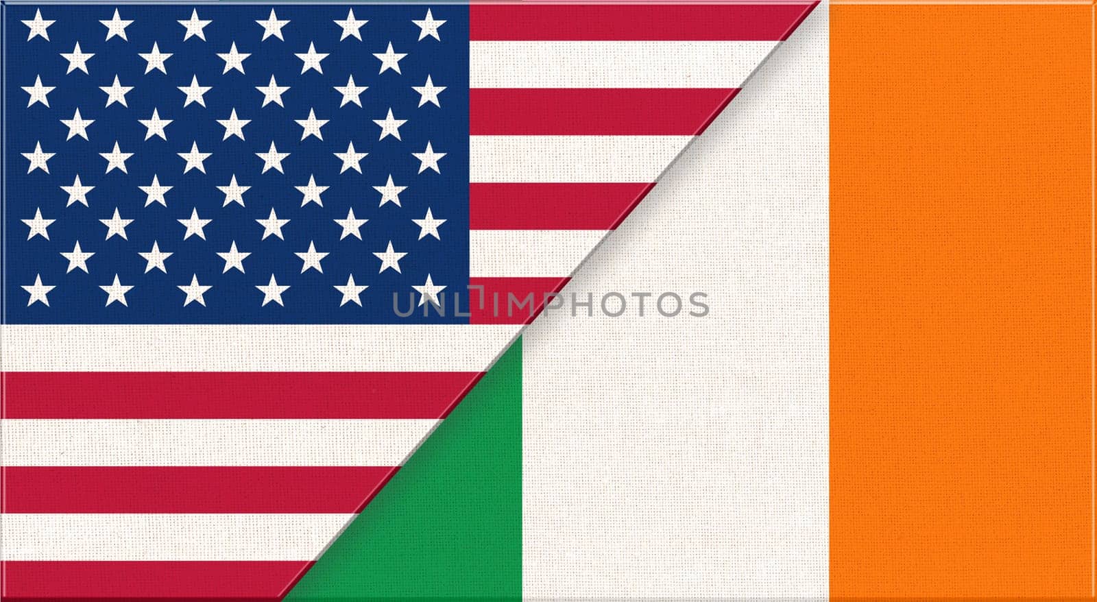 Flag of USA and Ireland. American and Irish flags on fabric texture. European and American flags. US and Irish flags. Political concept. Friendship of USA and Ireland