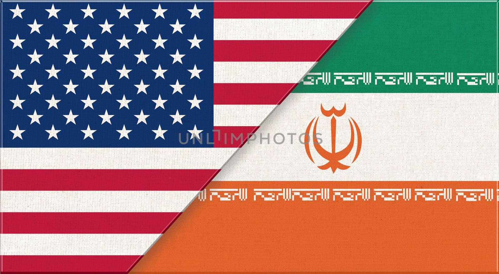 Flags of USA and Iran. American and Iranian national flags on fabric surface. Flag of USA and Iran - 3D illustration. diplomatic relations two countries. American and Iranian relations