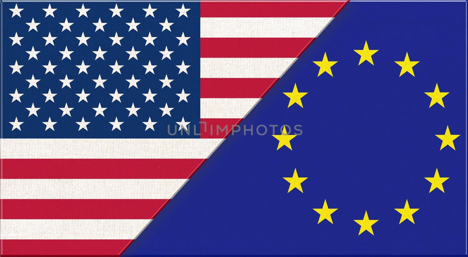 Flag of USA and European Union. American and EU flags on fabric texture. European and American flags