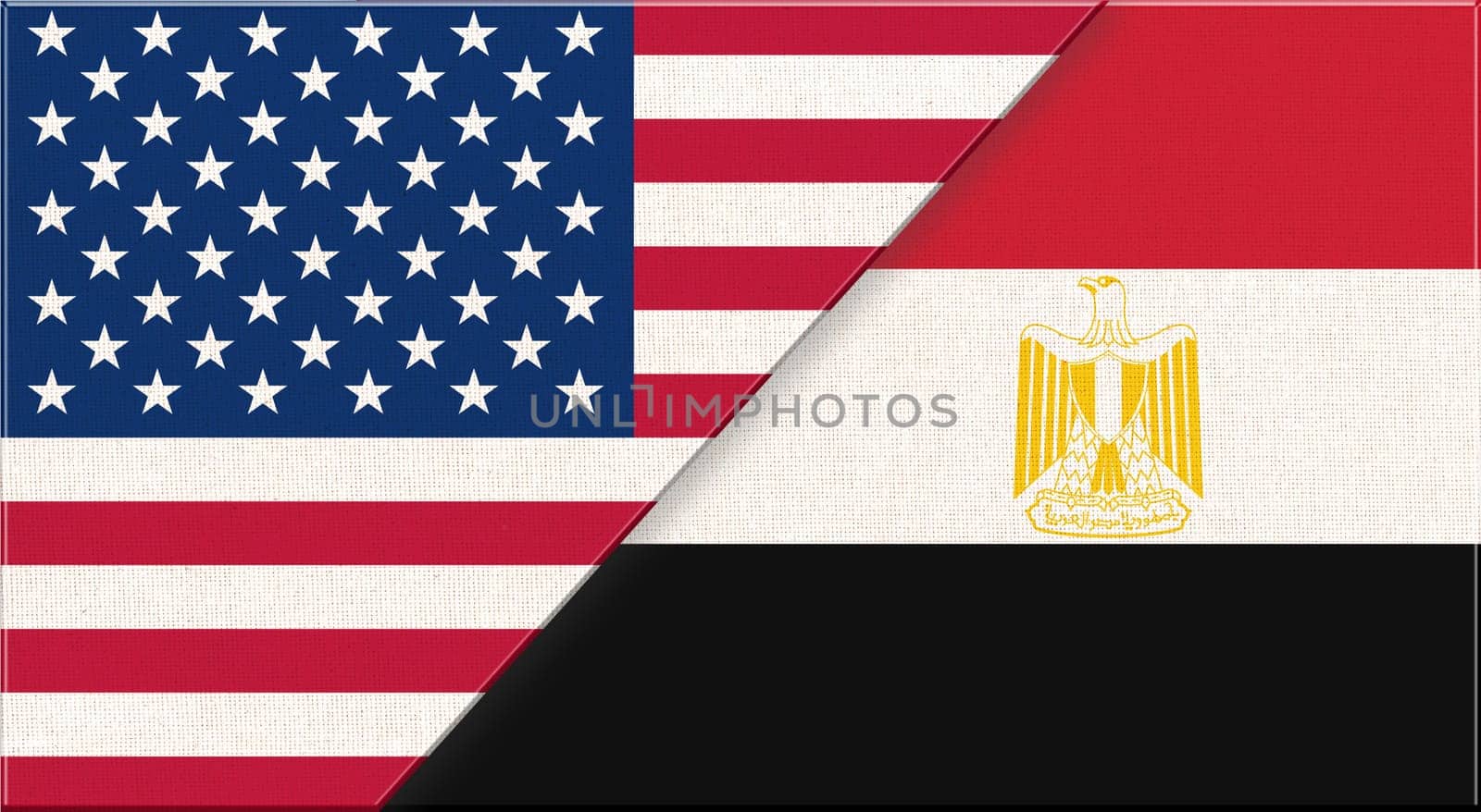 Flags of USA and Egypt. American and Egyptian national flags on fabric surface. Flag of USA and Egypt - 3D illustration. diplomatic relations between two countries. American and African countries