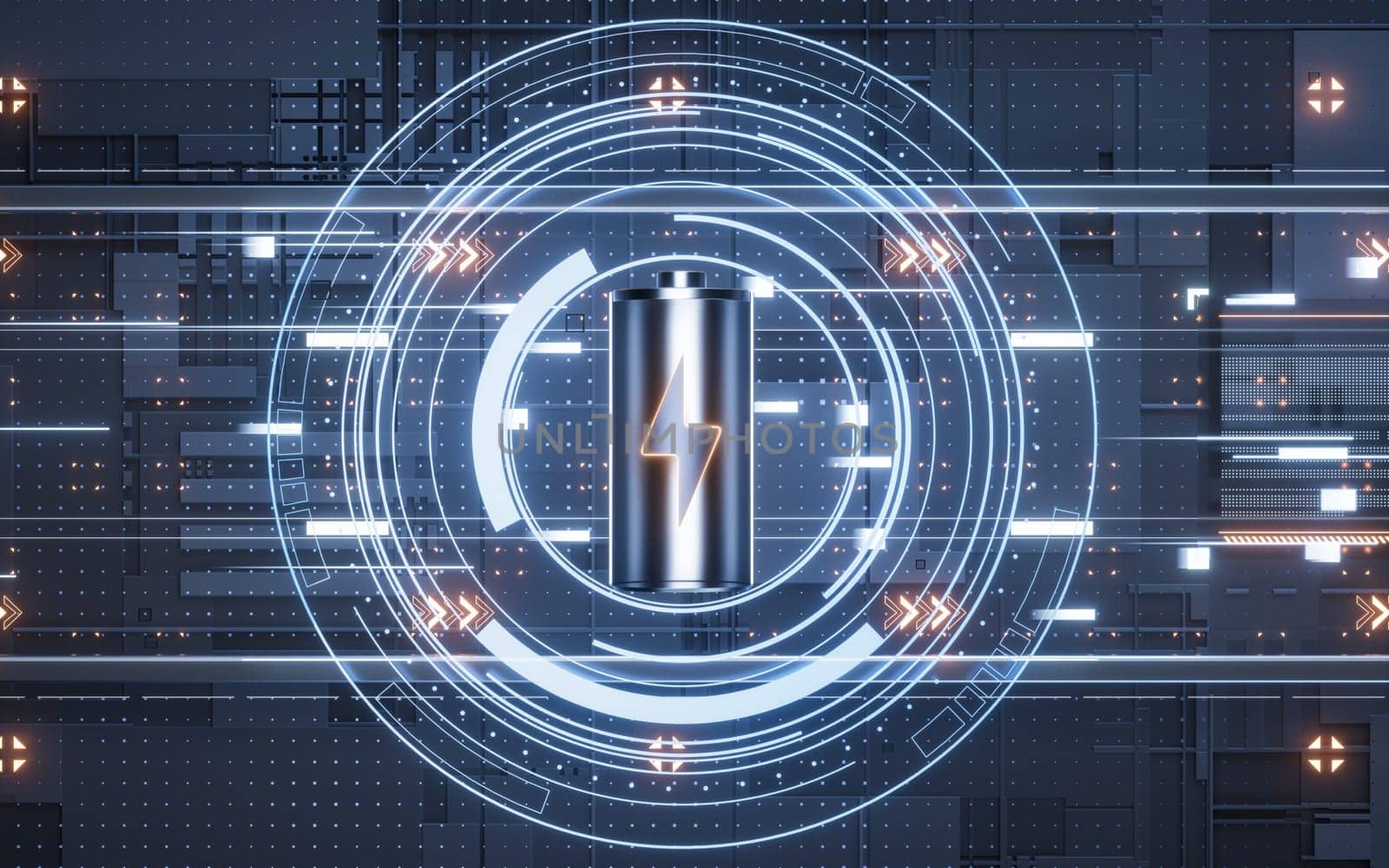 3D fast charge battery on black background, energy technology concept, 3d rendering.