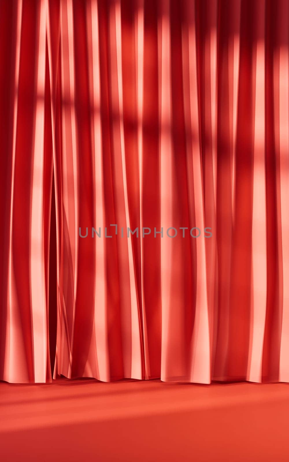Red curtain with sunlight comes in, 3d rendering.