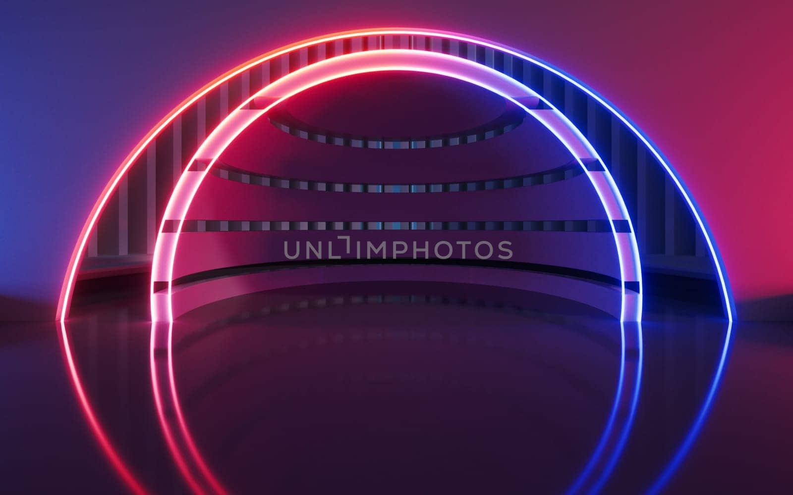 Dark room with glowing neon lines, 3d rendering. Computer digital drawing.
