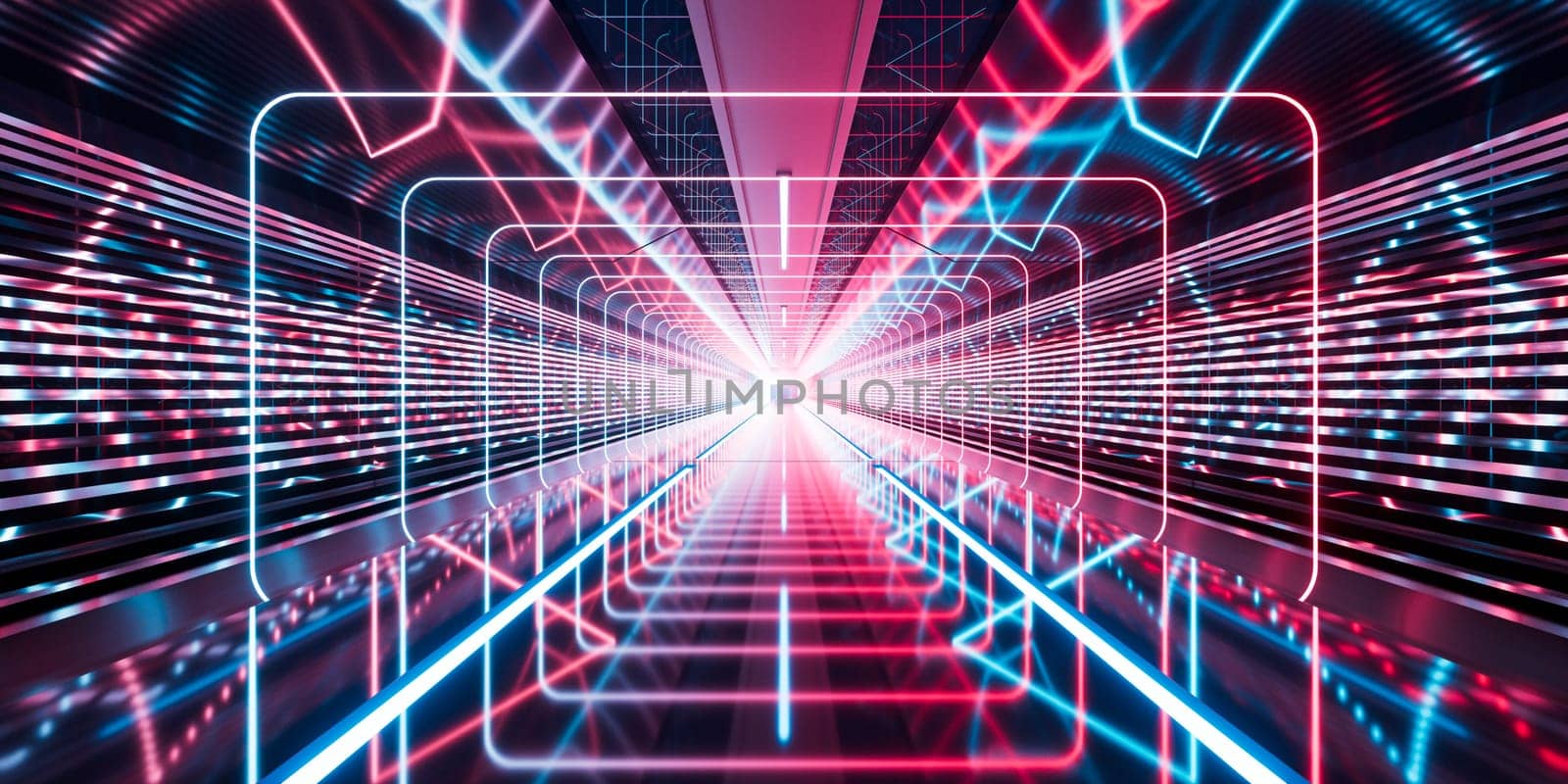 Dark tunnel with glowing light illuminated, 3d rendering. Digital drawing.