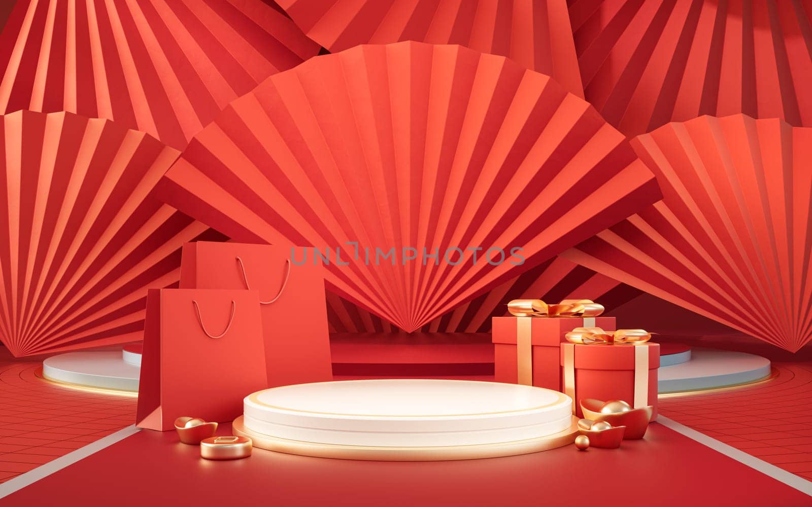 Empty stage with Chinese style background, 3d rendering. Computer digital drawing.