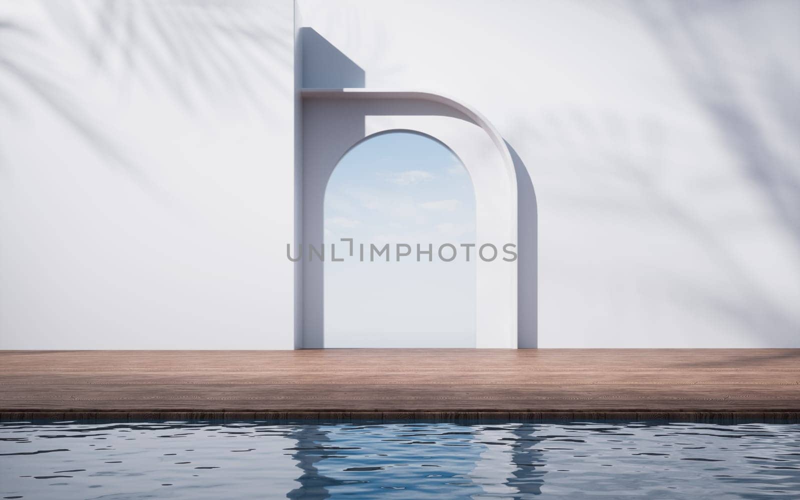 Empty floor with water surface background, 3d rendering. Computer digital drawing.