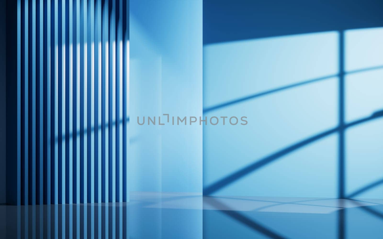 Blue empty room with geometry structure, 3d rendering. Computer digital drawing.