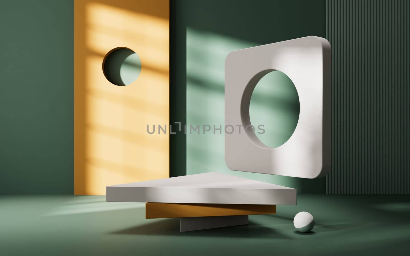 Empty stage with geometry interior background, 3d rendering.