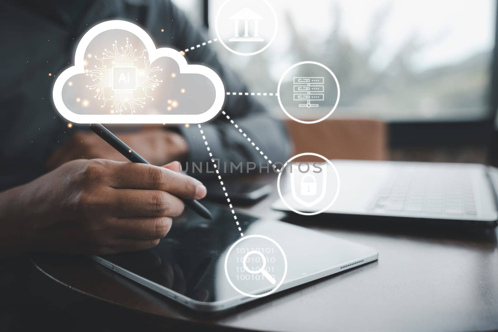 Digital cloud computing concept, a businessman uses a laptop to access the platform for data storage, networking, and internet services, with security and innovation icon in the background.