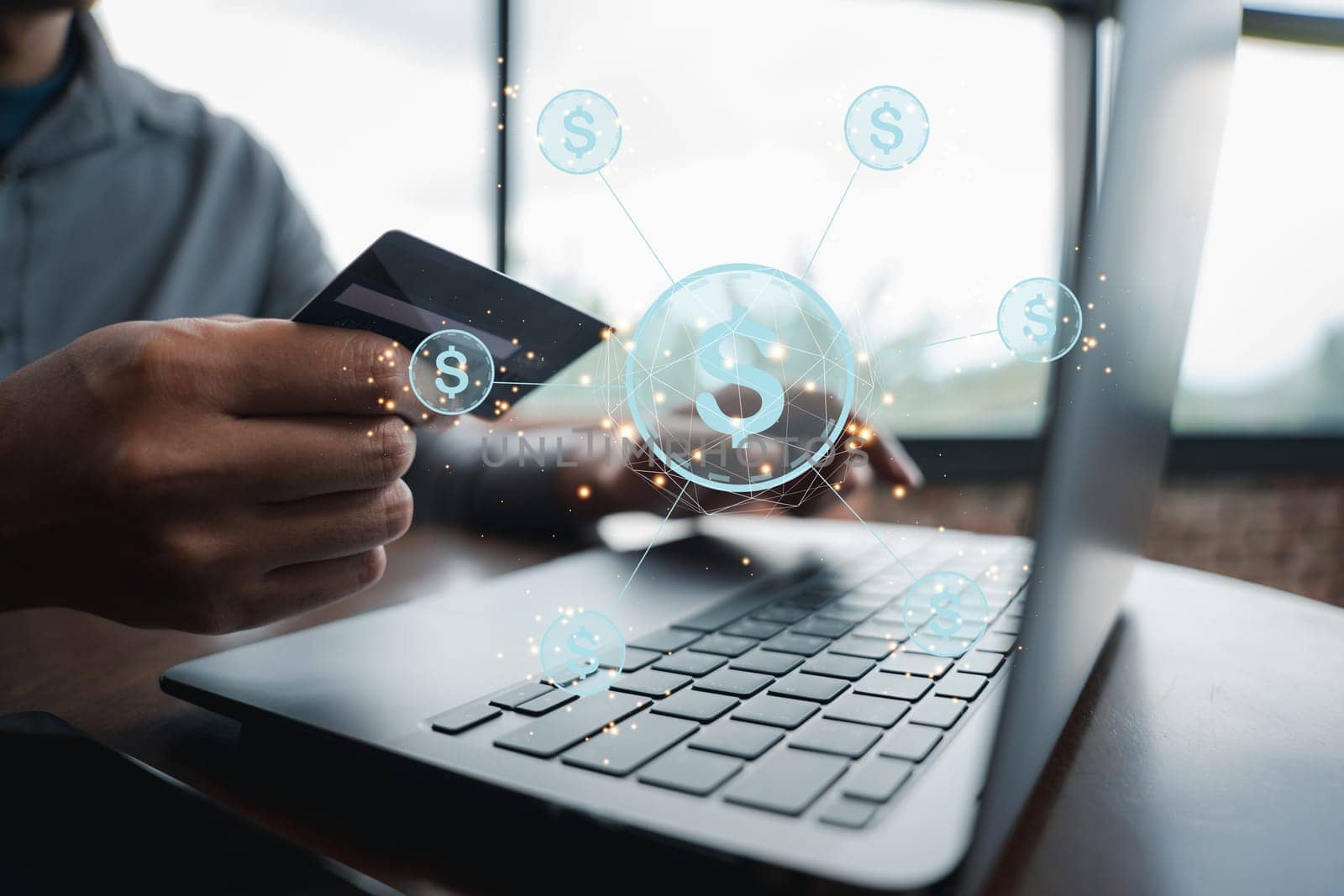 Secure and convenient money transfer with wallet app technology. Woman uses laptop computer to pay for goods online with credit card icon.