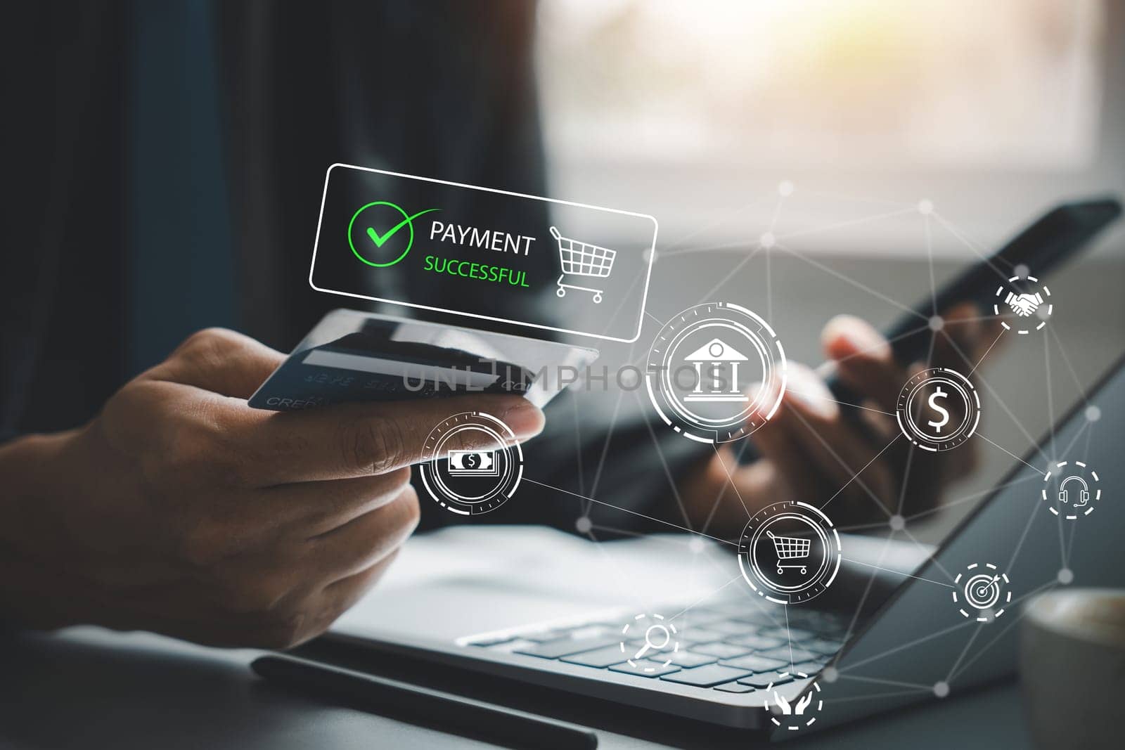 Man holding smartphone and credit card, shopping online. Happy female customer making a purchase in the internet store. E-commerce and digital payment concept