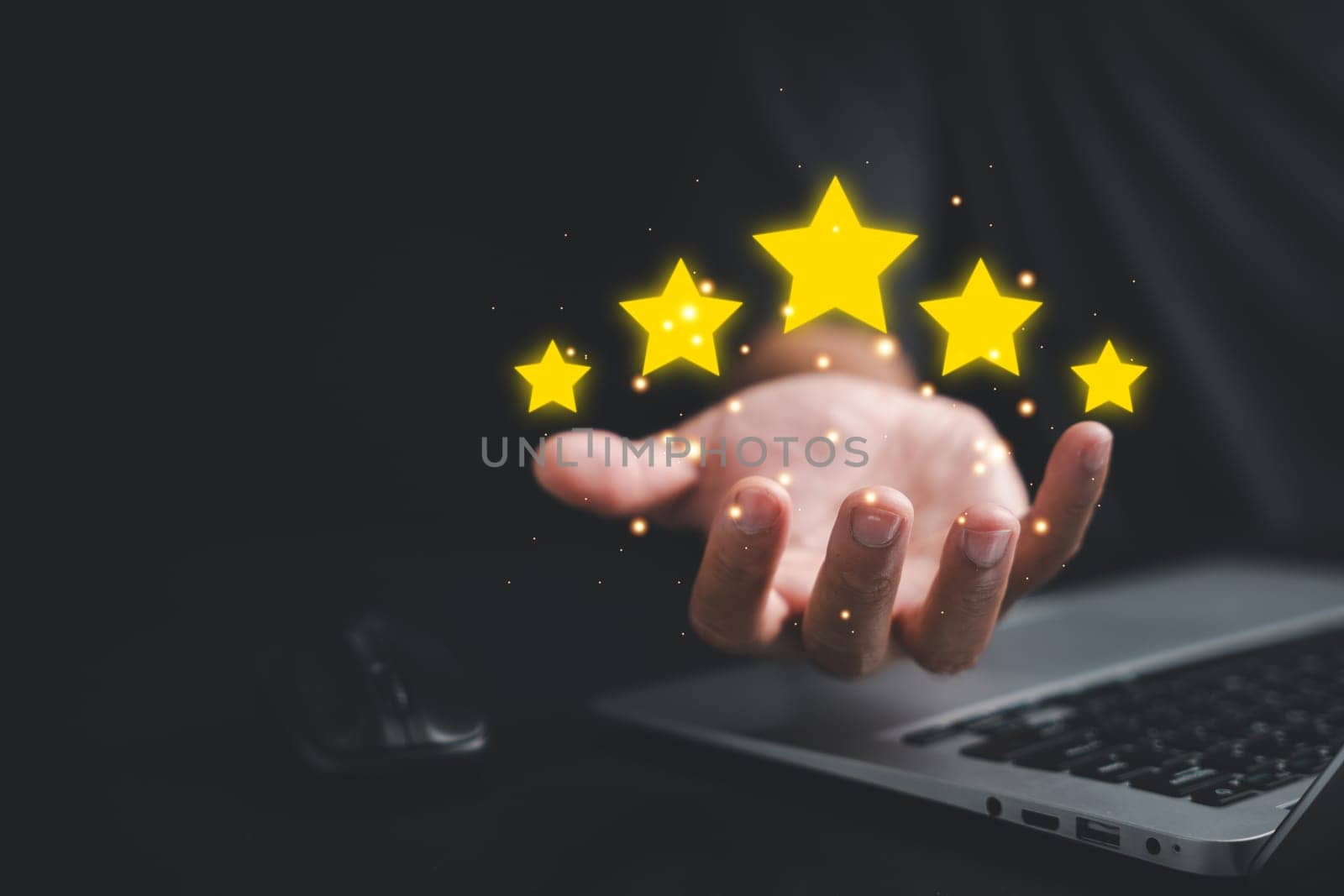 Give your business a boost with positive customer reviews Showcase your service rating with a hand holding five gold stars. Customer service and Satisfaction concept, 5 star rating
