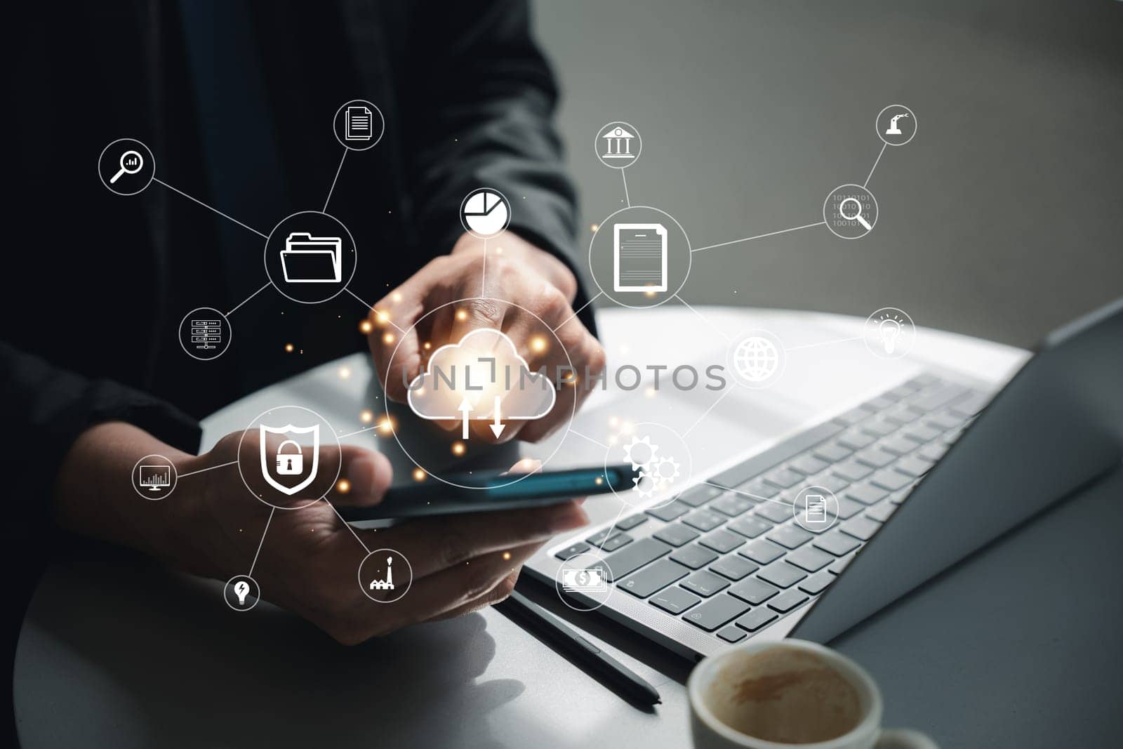 New technology business process strategy. Hand pressing a button on a virtual interface for digital transformation change management. Futuristic symbol and graph chart in the background.