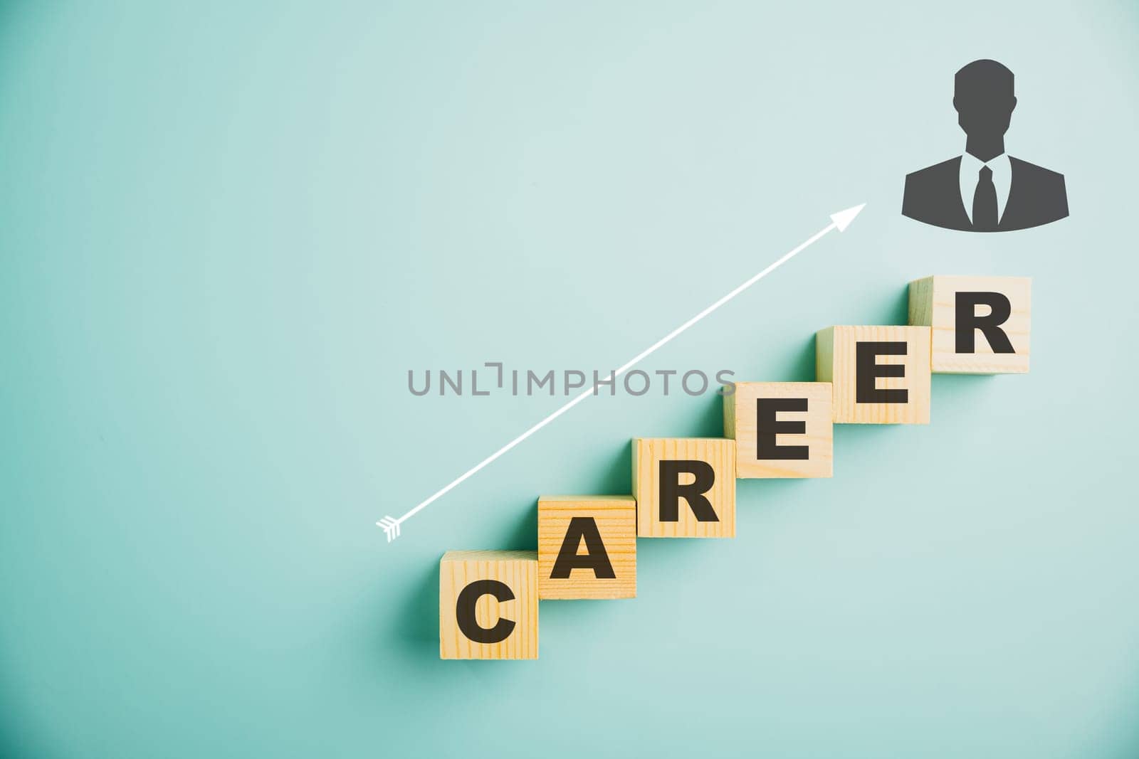 A wooden cube block with the word CAREER on a captivating blue background, offering copy space for your text. Conveying the concept of business career planning and growth towards success.