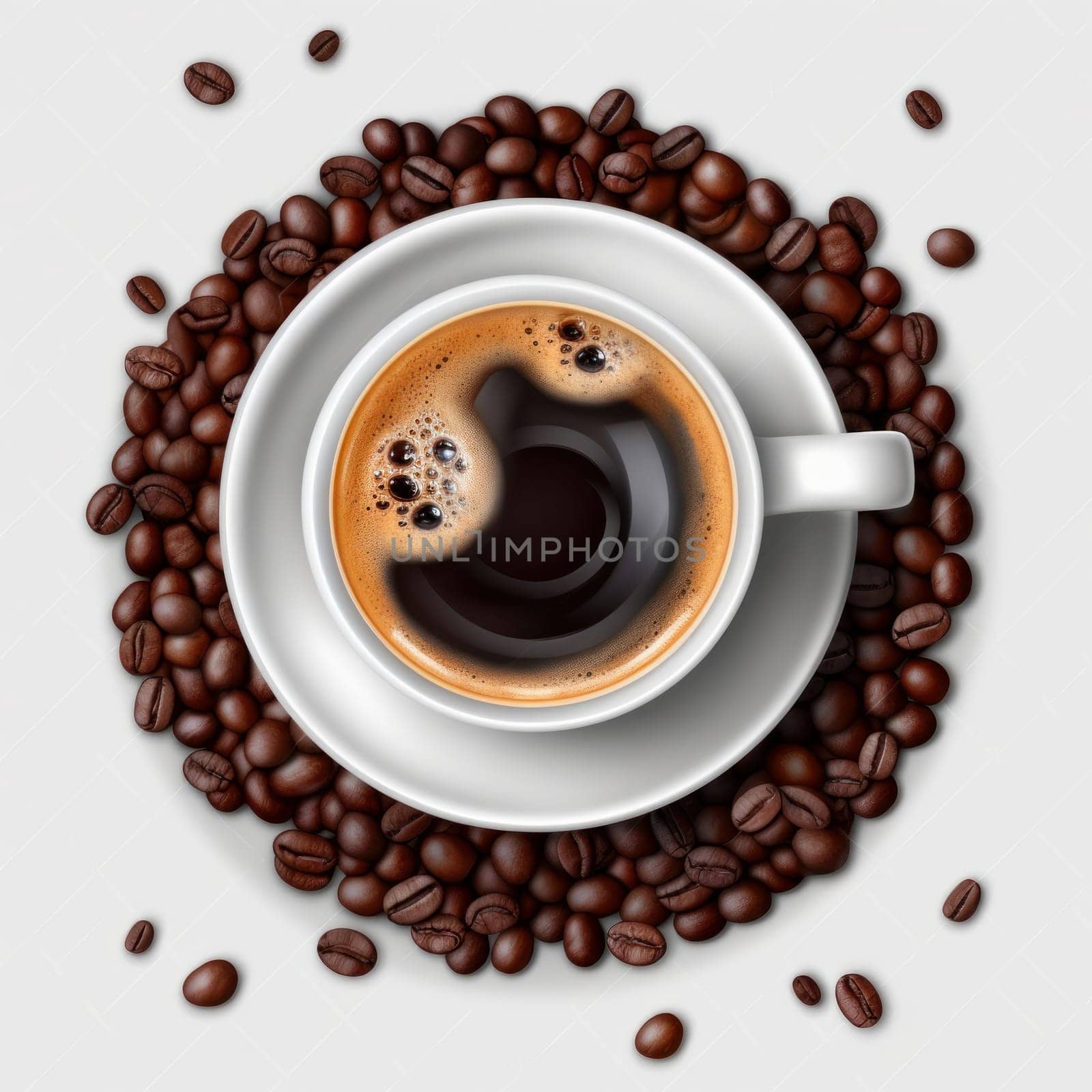 A top view of an espresso cup with aromatic coffee beans on a white background, perfect for coffee lovers. This image is AI Generative.