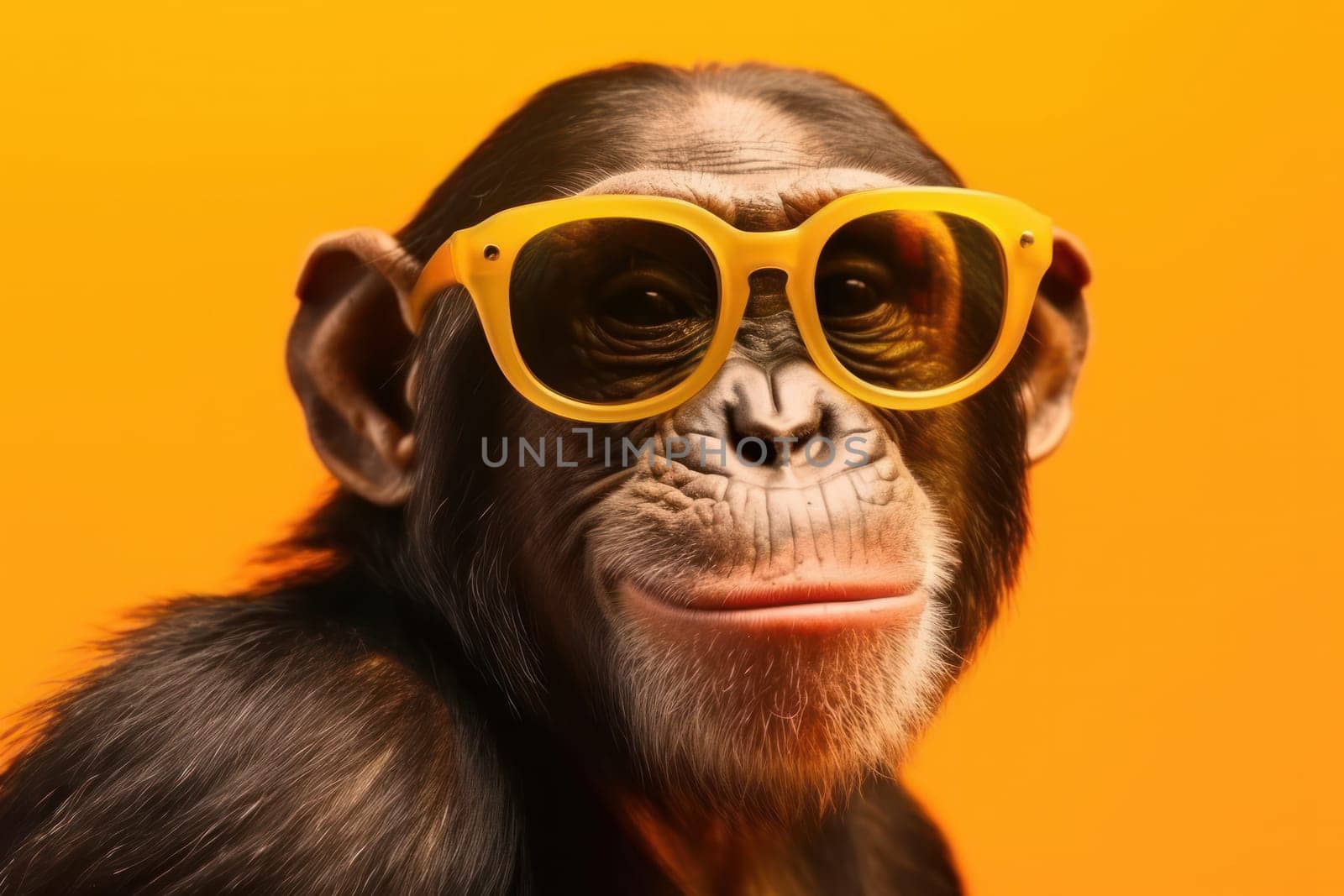Add some personality to your designs with this unique monkey in glasses and a polka dot tie. A close-up portrait with eyes full of character. AI Generative.