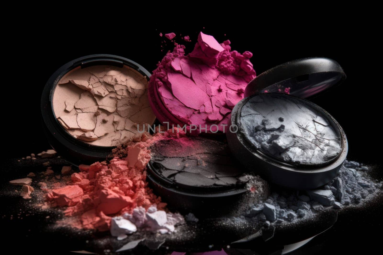 Crashed makeup powder and eyeshadow with brush as sample of cosmetic product on white background. Generative AI.