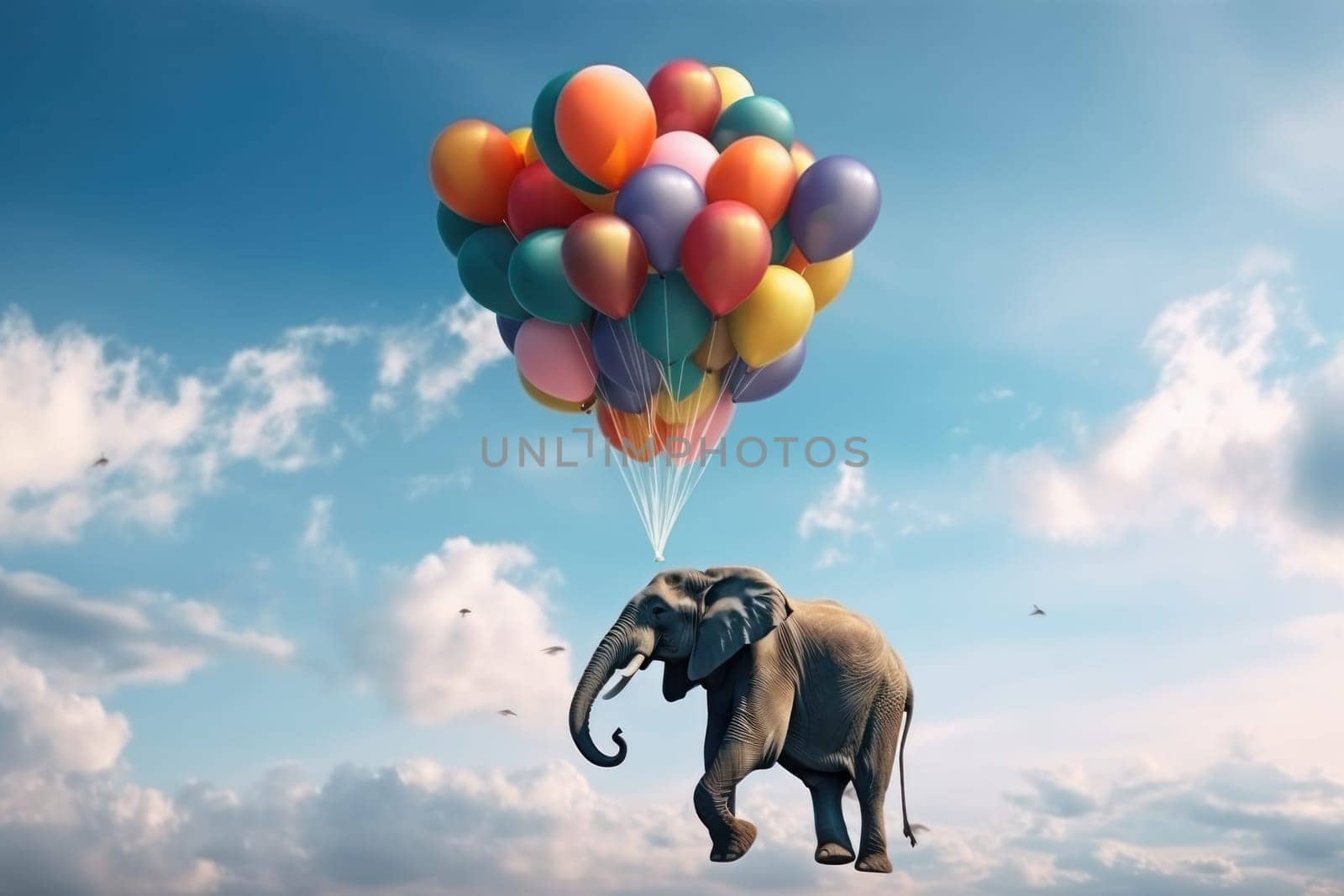 Experience the freedom of flight with a surreal and magical scene of an elephant and balloons floating in the sky. This digital manipulation and art is AI Generative.