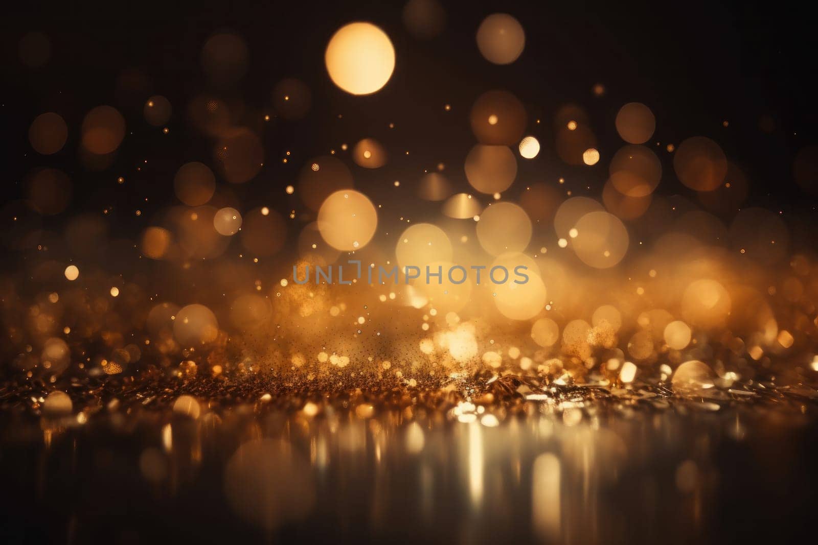 Golden glitter particles on a dark backdrop with bokeh lights and flying metallic particles. Festive decoration for luxury party and celebration. AI Generative.