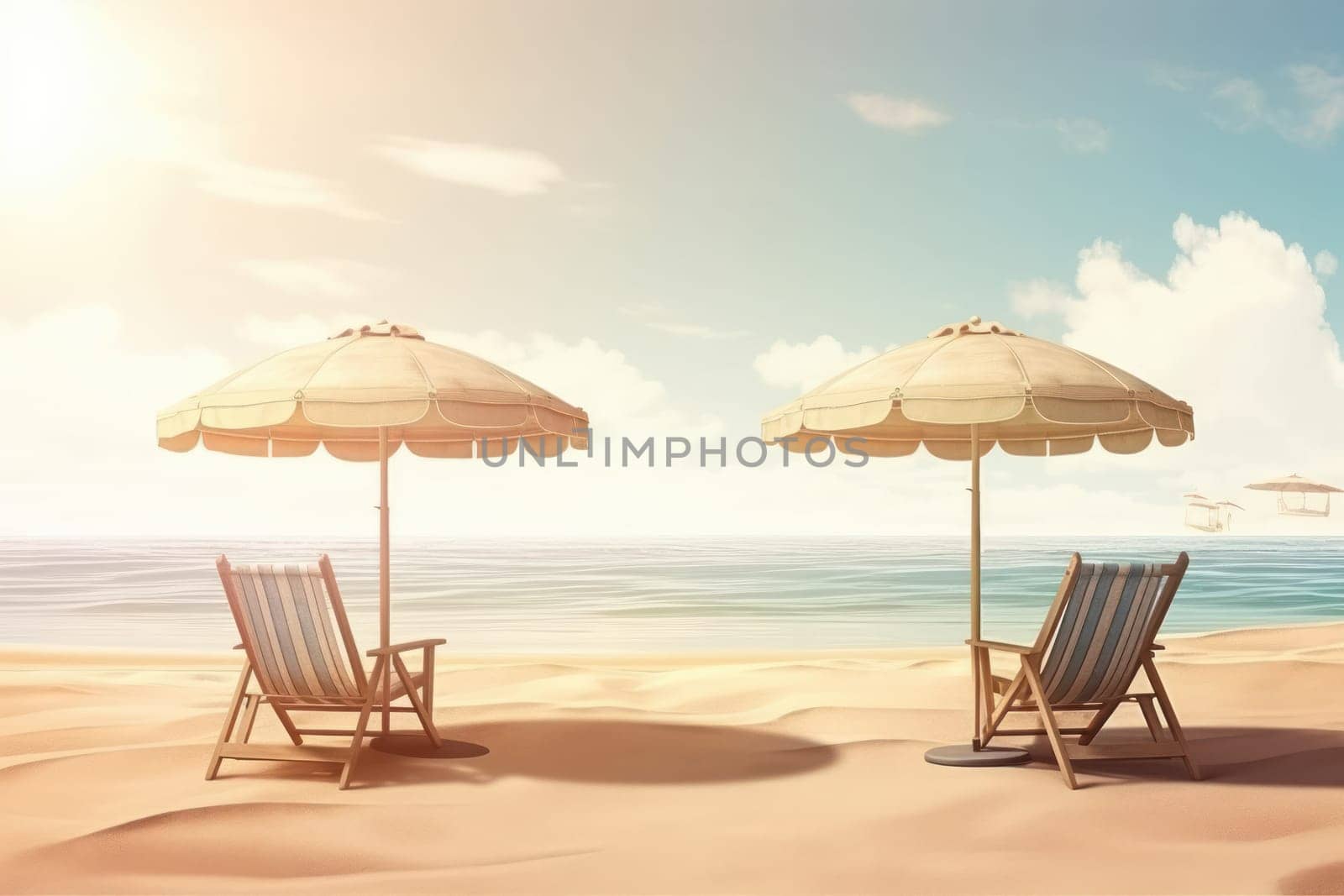 Find your peaceful place in the sun with this stunning beach scene complete with chairs and an umbrella is AI Generative.