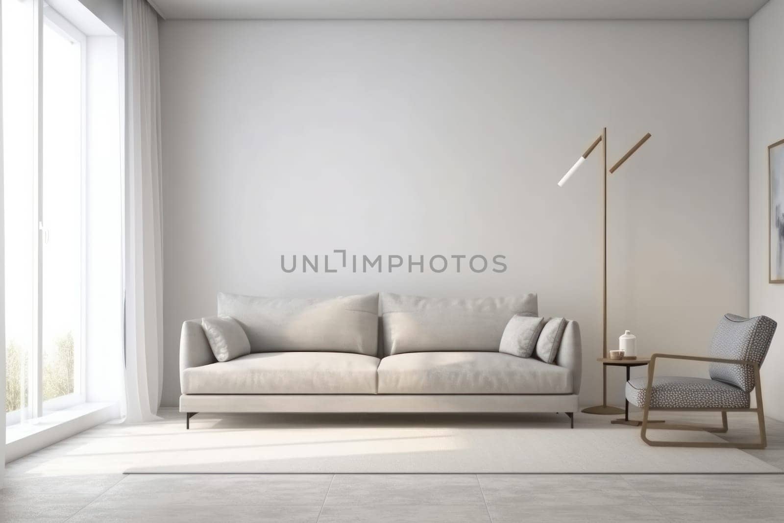 Tranquility and comfort define this living room with a comfortable white couch, minimalist decor, and natural light streaming in through the window. AI Generative.