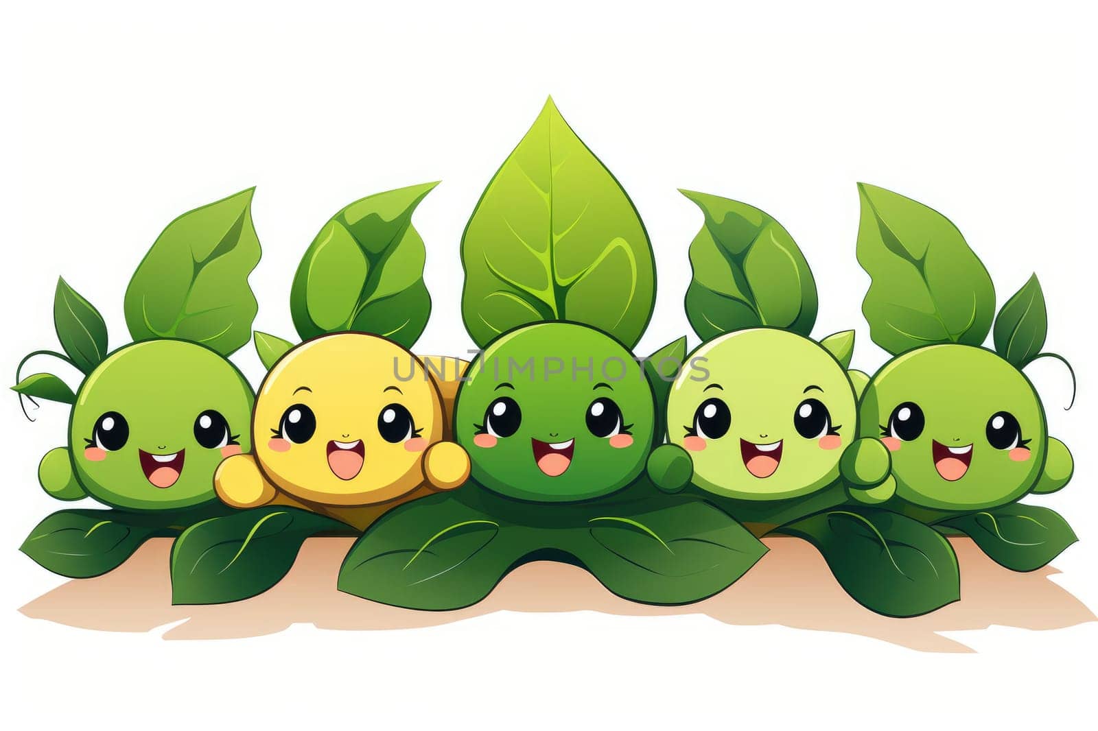 Cartoon pea pod with happy faces on a white background. Generative AI