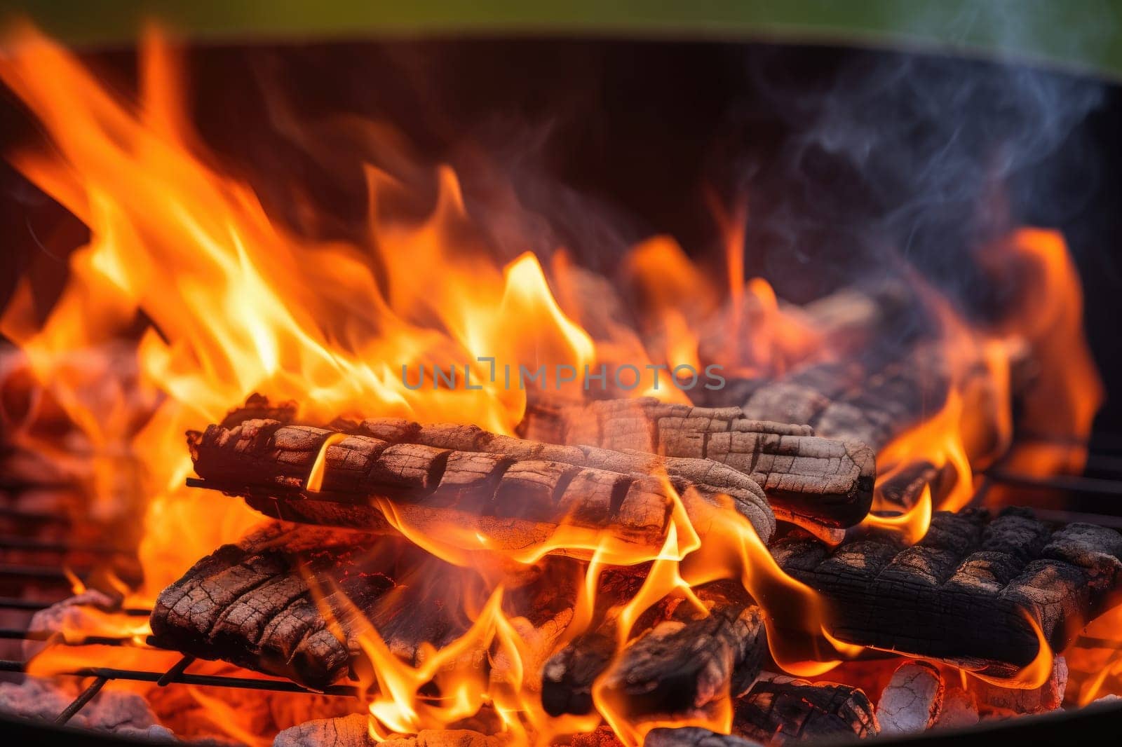 Close up of burning coals from a fire. Generative AI