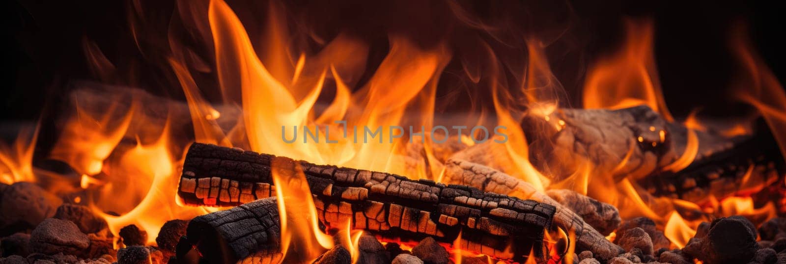 Close up of burning coals from a fire. Generative AI