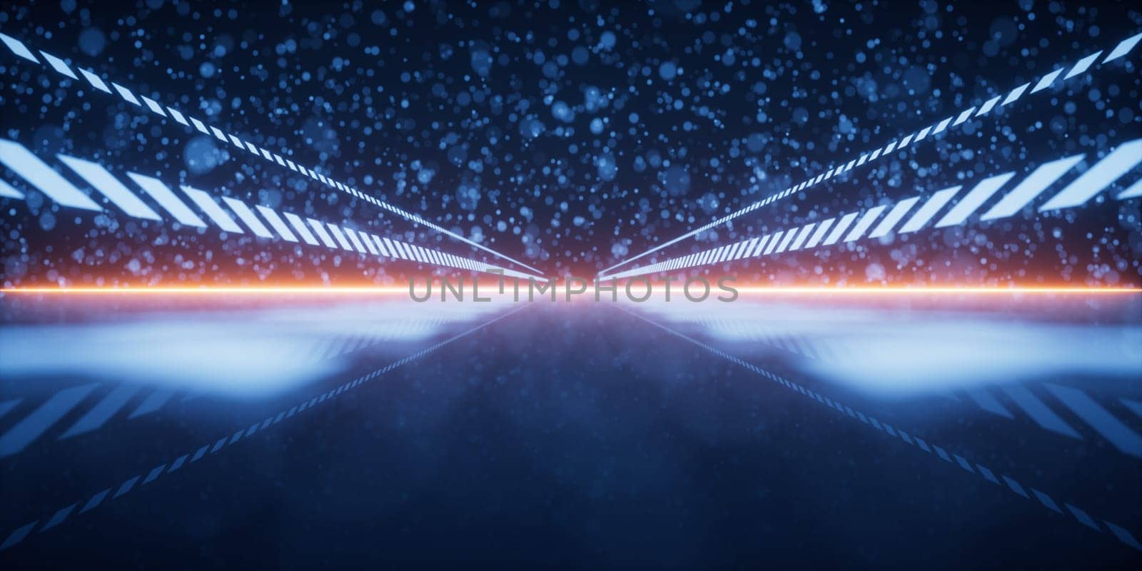 Racing track with glowing particles background, 3d rendering. Digital drawing.