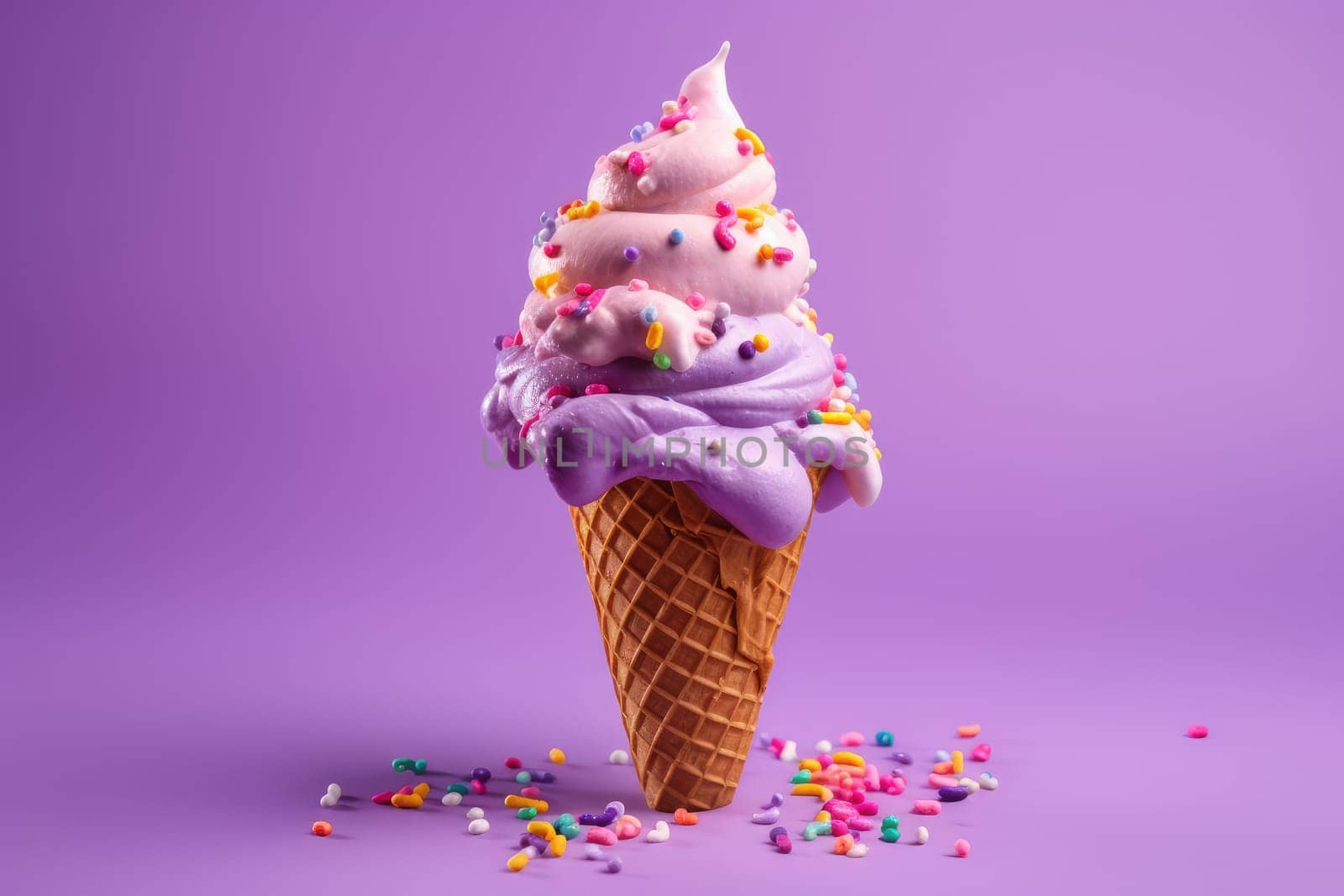 Colorful ice cream cone on purple background. Generative AI
