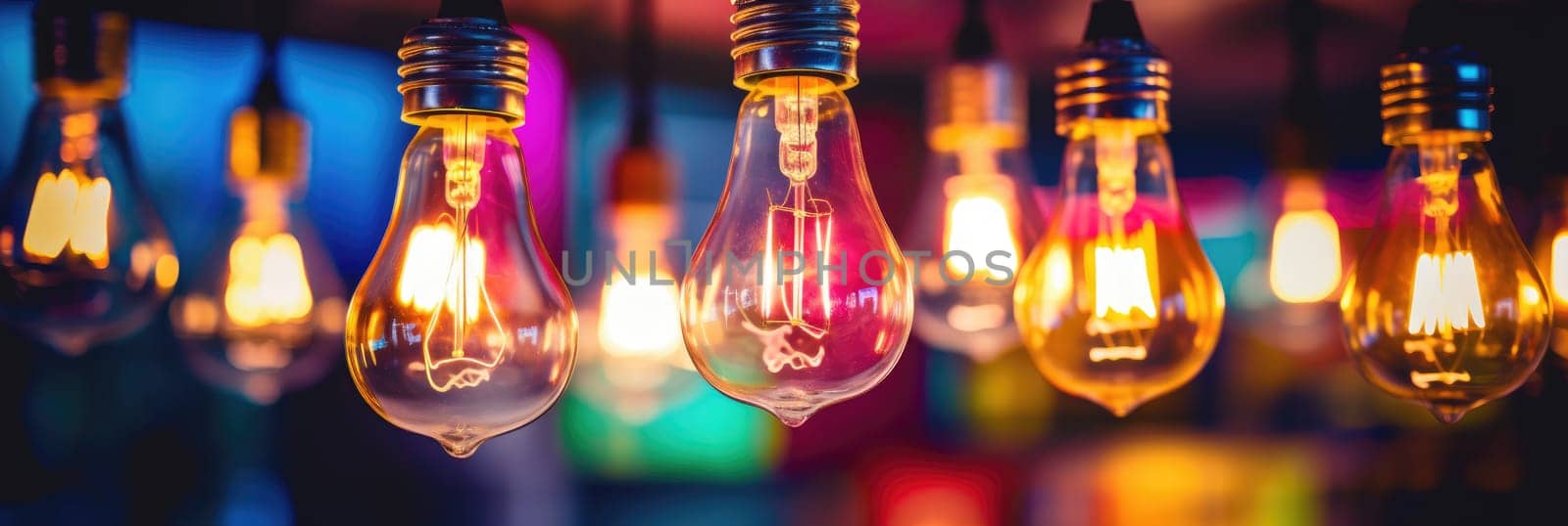 Decorative antique light bulbs in a row with bokeh and colorful style. Generative AI