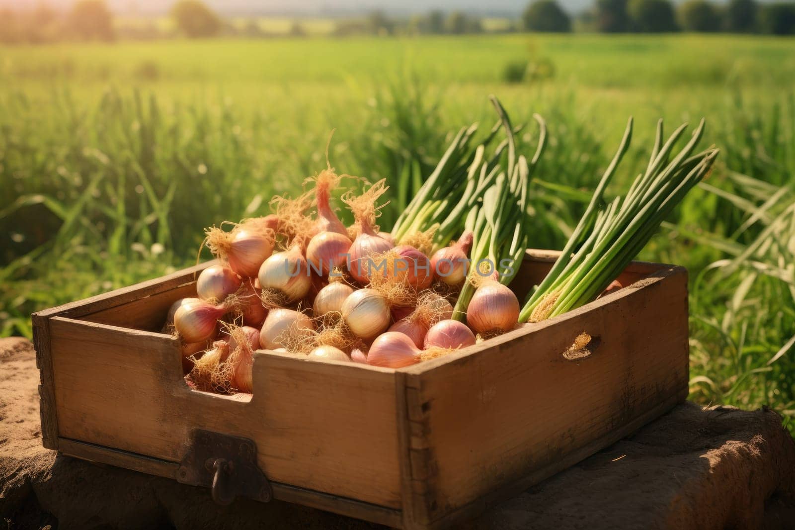 A wooden box full of onions on a green field. Generative AI