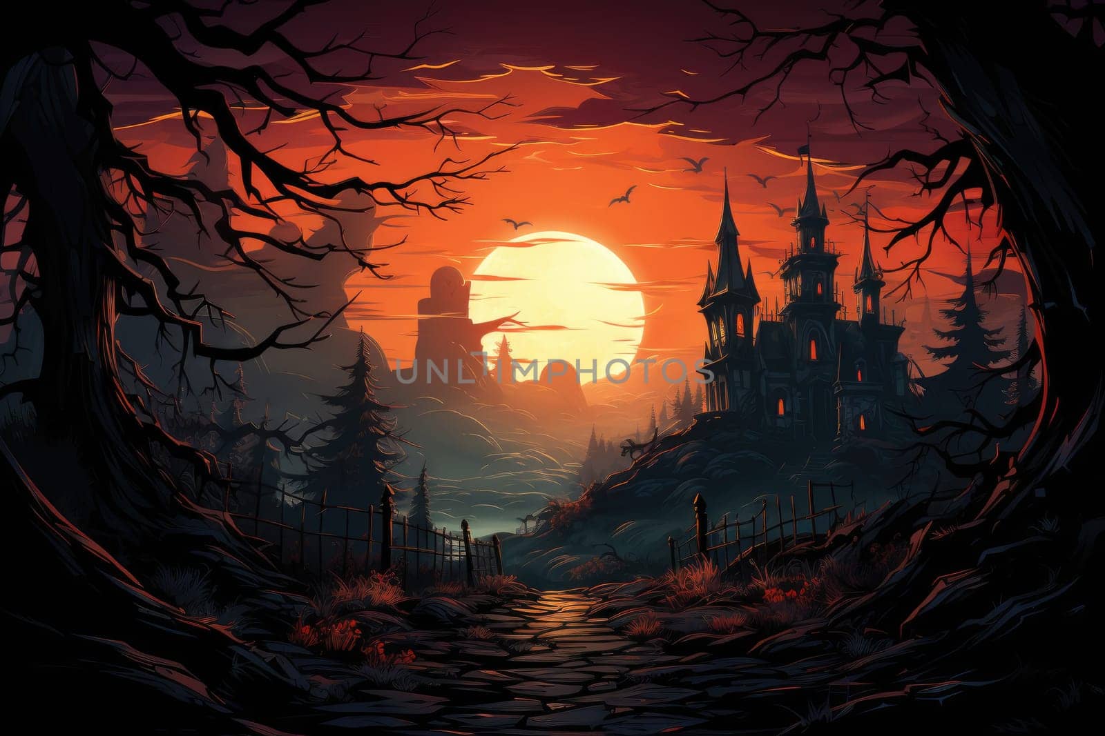 Halloween haunted house. Spooky illustration. Generative AI